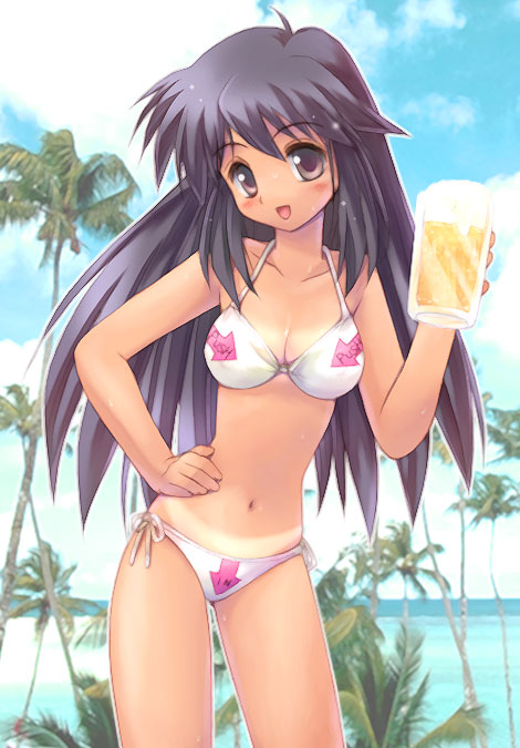 original, 1girl, :d, alcohol, arrow (symbol), beach, beer, bikini, bikini tan, black hair, blush, breasts, cleavage, clothes writing, cloud, cup, day, female focus, hand on own hip, hip focus, long hair, looking at viewer, medium breasts, mug, navel, ocean, open mouth, outdoors, palm tree, photo background, pink eyes, sexually suggestive, side-tie bikini bottom, sky, smile, solo, standing, swimsuit, tan, tanline, tree, water, white bikini