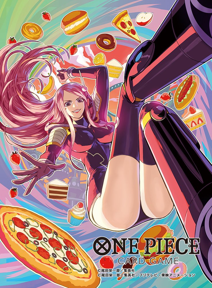moreshan, jewelry bonney, one piece, one piece card game, commentary request, official art, 1girl, apple, arm up, boots, burger, cake, cake slice, copyright name, cupcake, donut, food, fruit, gloves, headphones, hood, lemon, leotard, long hair, pink hair, pizza, pizza slice, purple thighhighs, smile, strawberry, swept bangs, thighhighs