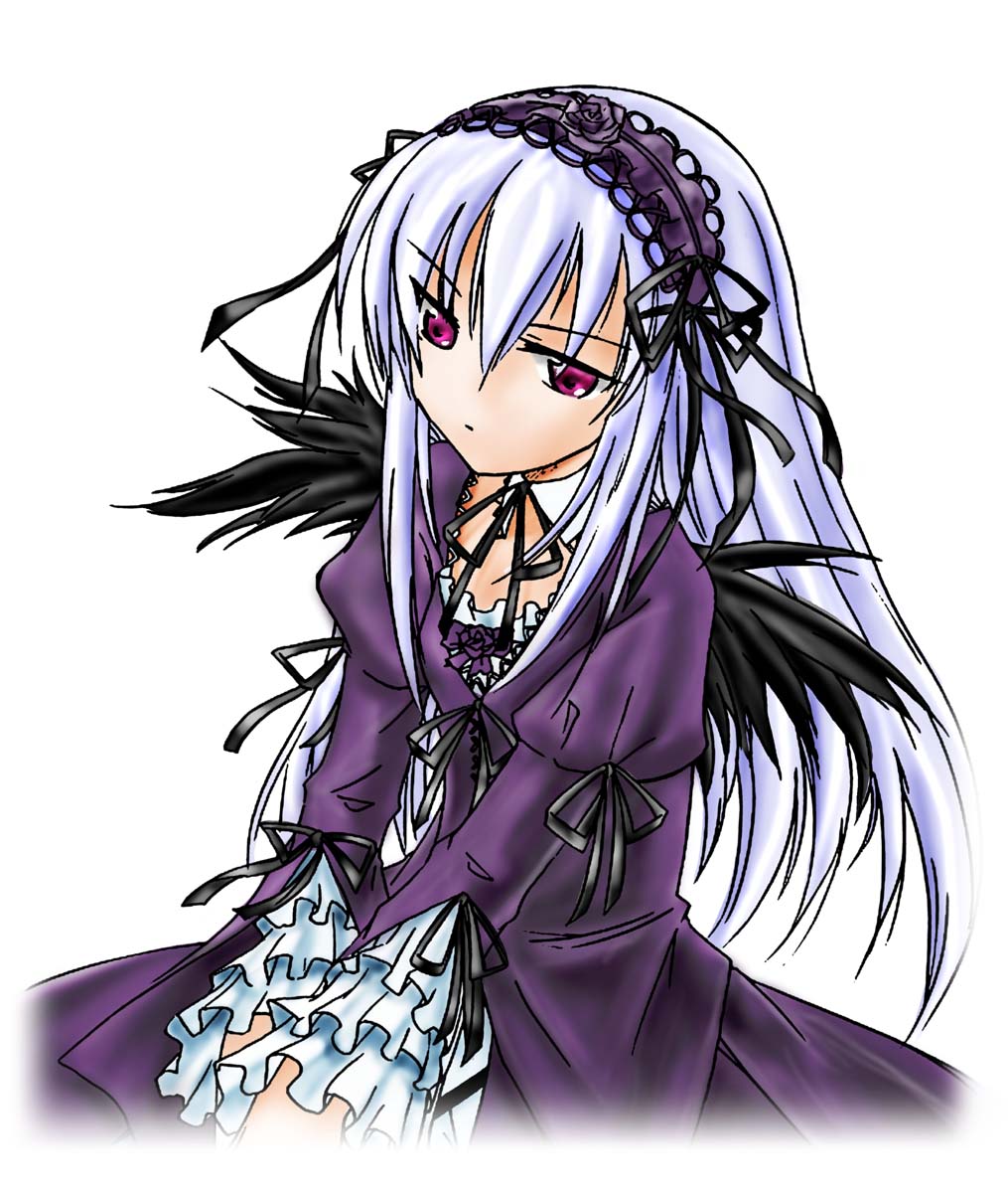 suigintou, rozen maiden, silver hair, highres, 00s, 1girl, black wings, dress, female focus, gothic lolita, hair between eyes, headdress, lolita fashion, purple eyes, simple background, solo, white background, wings
