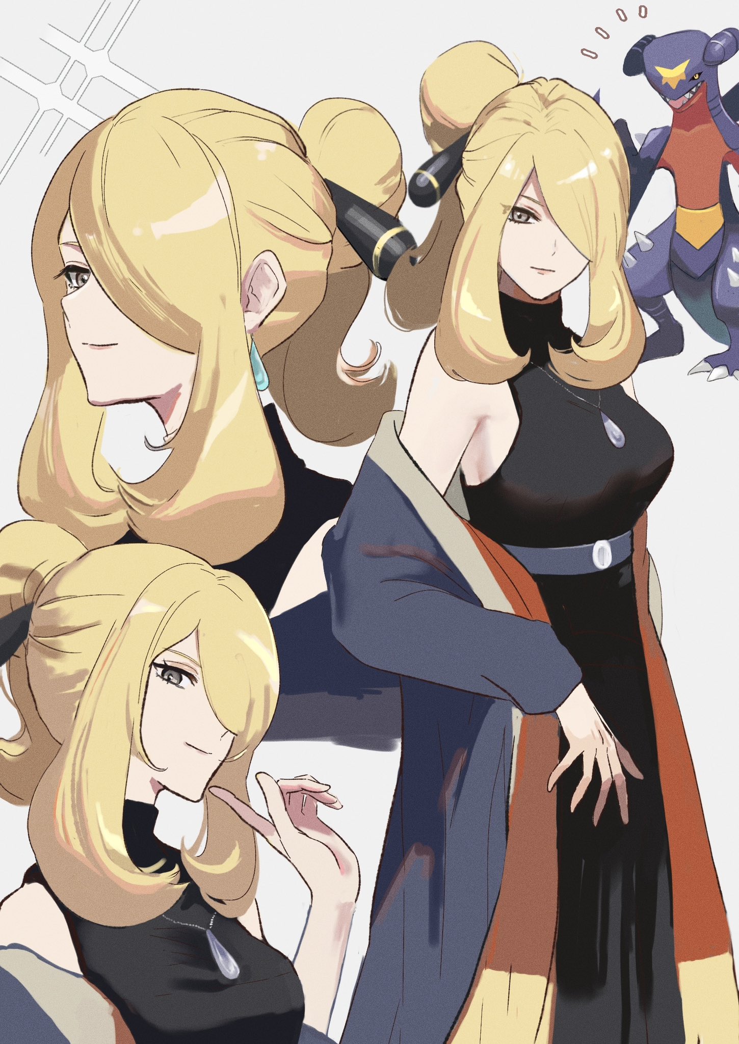 ringosan2329, cynthia (pokemon), garchomp, nintendo, pokemon, pokemon dppt, highres, 1girl, bare shoulders, black dress, blonde hair, blue cloak, breasts, cloak, closed mouth, dress, earrings, gen 4 pokemon, grey eyes, hair bun, hair ornament, hair over one eye, jewelry, large breasts, long hair, long sleeves, looking at viewer, necklace, pokemon (creature), simple background, sleeveless, sleeveless dress, smile, very long hair