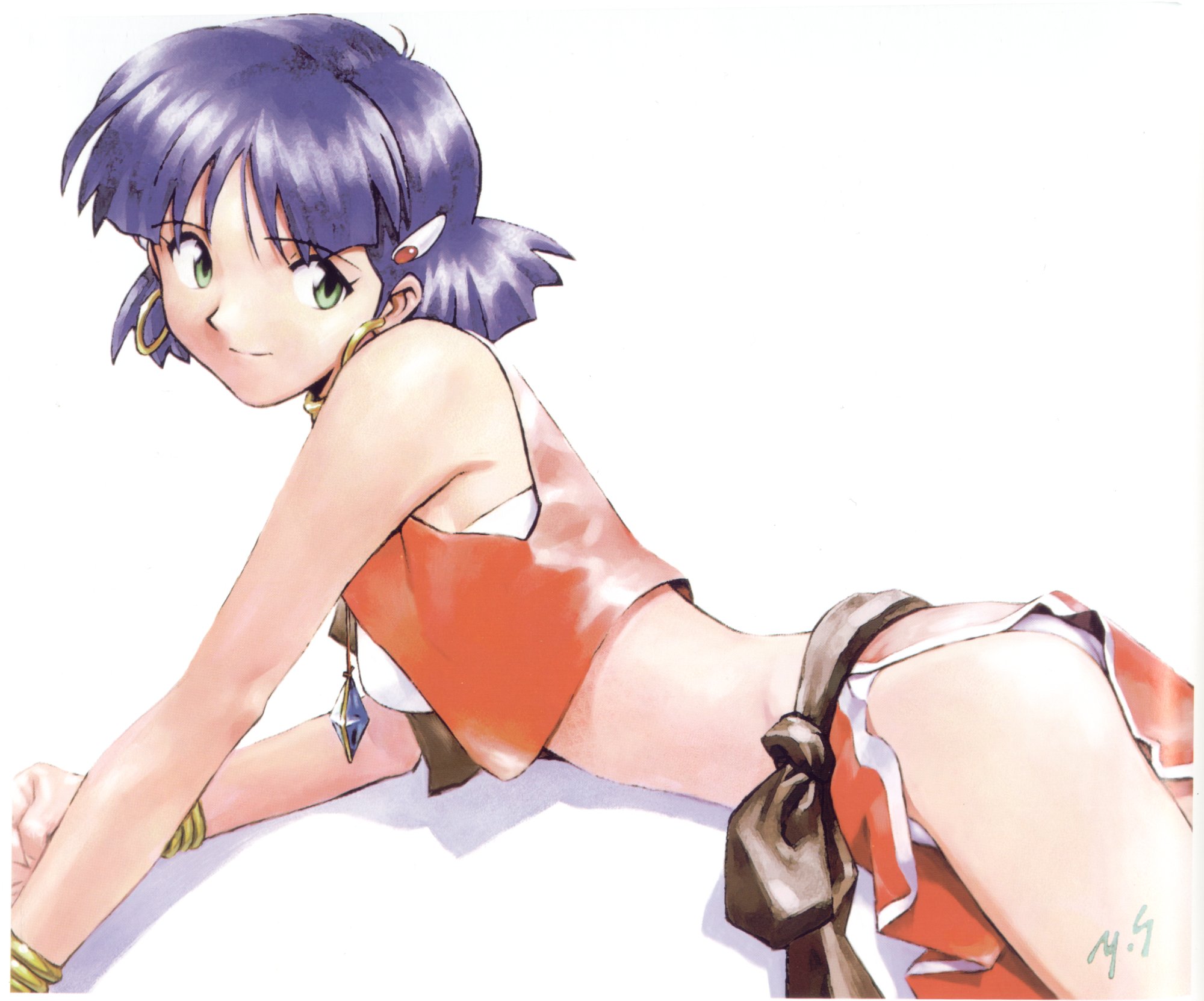 sadamoto yoshiyuki, nadia la arwall, fushigi no umi no nadia, highres, 1990s (style), 1girl, ass, bandeau, blue hair, bob cut, bracelet, dark-skinned female, dark skin, earrings, female focus, flat ass, gold bracelet, green eyes, jewelry, loincloth, lying, midriff, neck ring, on stomach, pelvic curtain, retro artstyle, short hair, signature, simple background, skinny, solo, strapless, tube top, vest, white background