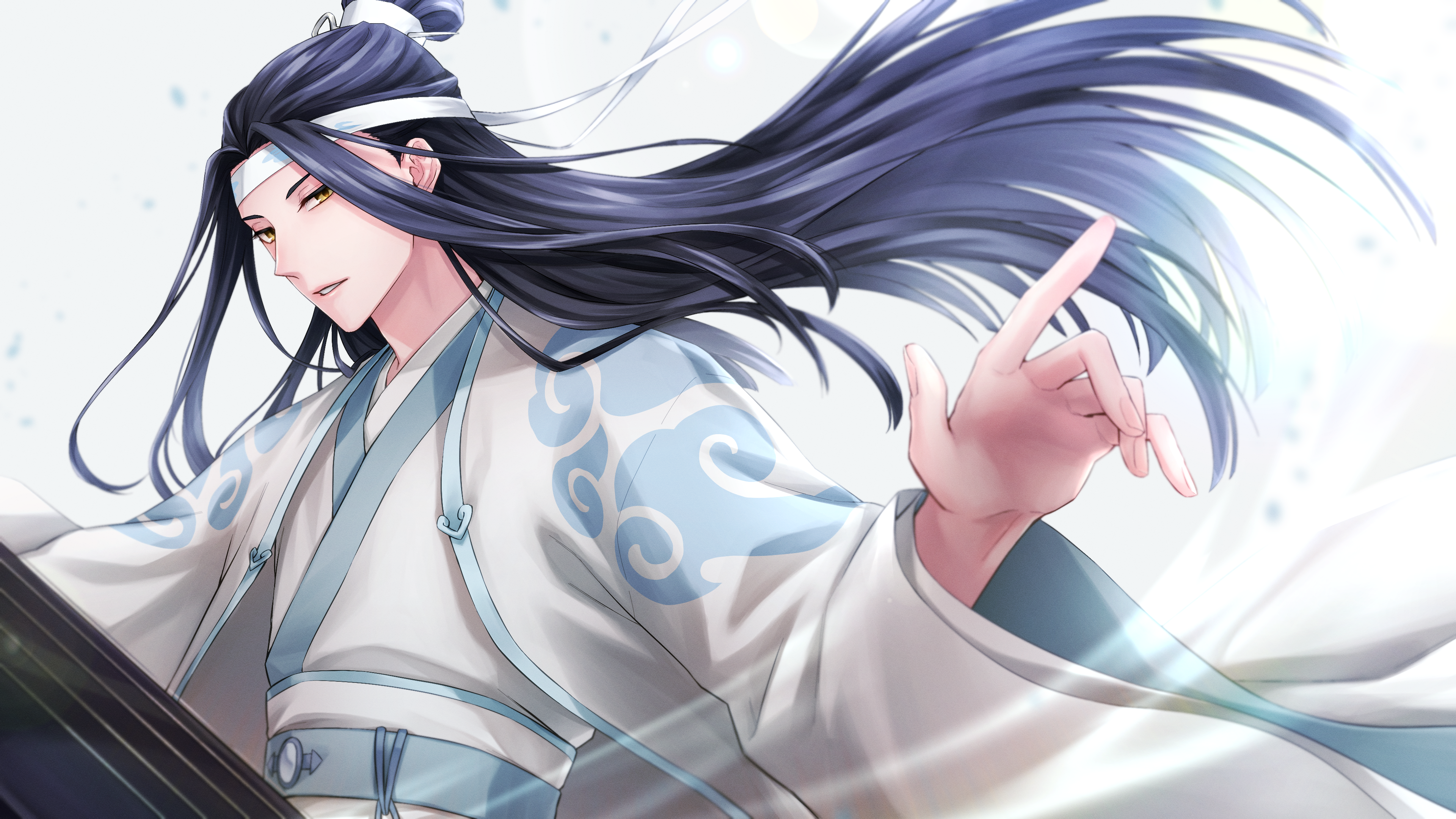 iritani ryouya, lan wangji, modao zushi, absurdres, highres, 1boy, bishounen, black hair, blue sash, chinese clothes, coat, fighting stance, floating hair, guqin, hand up, hanfu, headband, holding, holding instrument, instrument, long hair, long sleeves, looking at viewer, male focus, music, open clothes, open coat, parted lips, playing instrument, robe, sash, simple background, smoke, solo, topknot, upper body, very long hair, white background, white coat, white hanfu, white headband, wide sleeves, xiao guan (headdress), yellow eyes