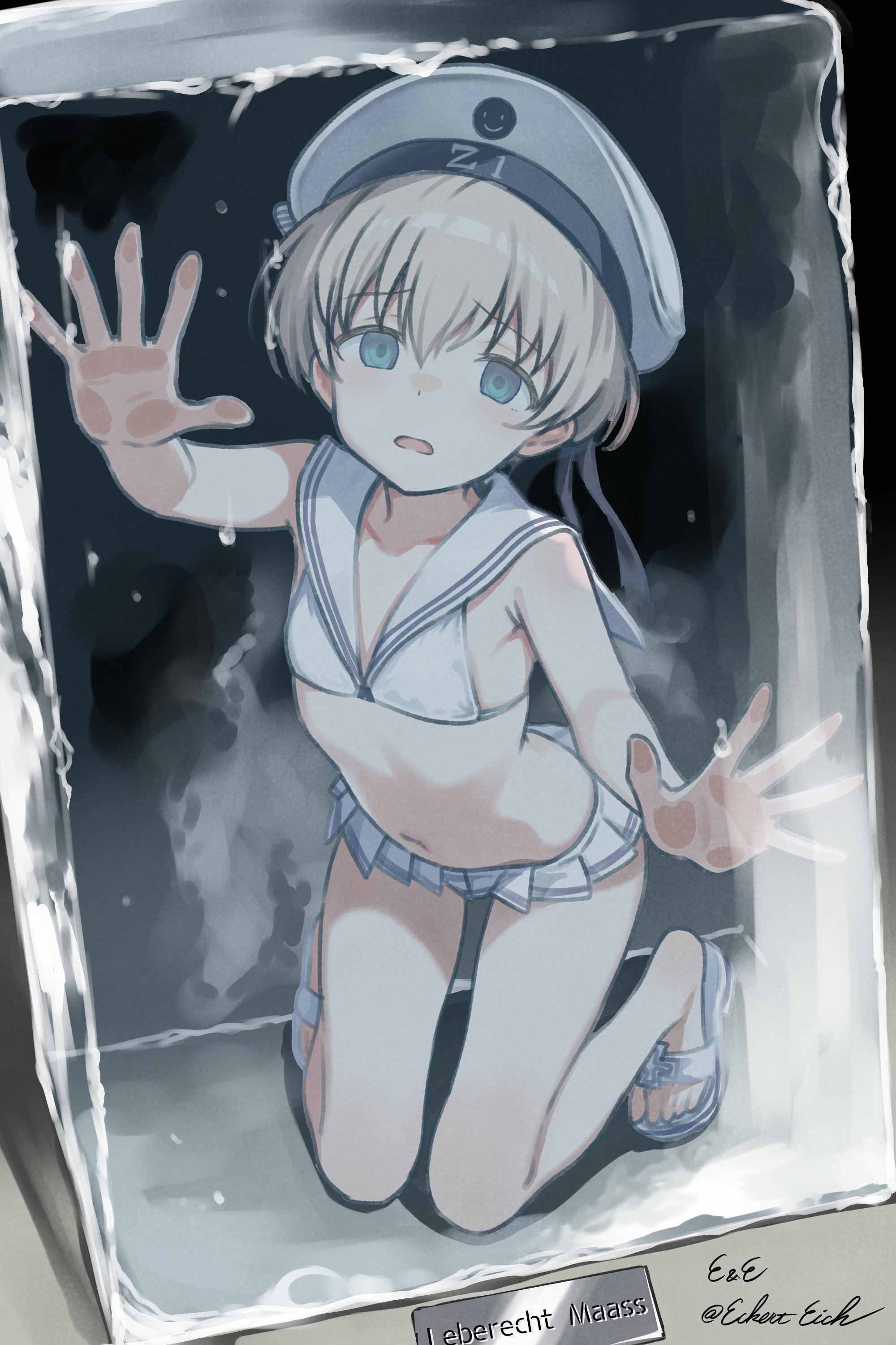 eckert&eich, ice block, z1 leberecht maass (kancolle), z1 leberecht maass (swimsuit) (kancolle), kantai collection, absurdres, commentary request, highres, translation request, 1girl, against glass, bikini, bikini skirt, character name, frozen, grey eyes, grey hair, hat, looking at viewer, lowleg, lowleg bikini, microskirt, sailor bikini, sailor collar, sailor hat, short hair, skirt, solo, swimsuit, white bikini, white hat, white sailor collar