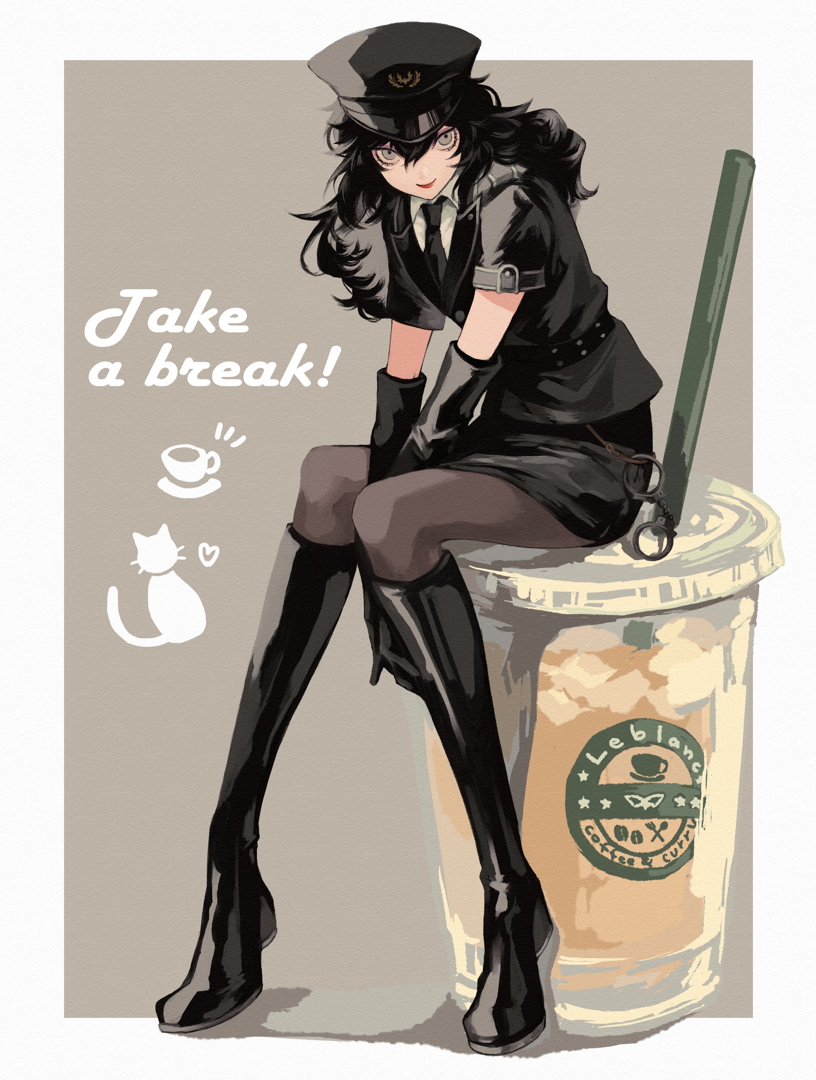 saichuu (more1208), amamiya ren, persona, persona 5: dancing star night, persona dancing, absurdres, highres, 1boy, black boots, black hat, black jacket, boots, brown pantyhose, closed mouth, english text, full body, hat, jacket, lipstick, long hair, looking at viewer, makeup, male focus, necktie, pantyhose, shirt, sitting, smile, solo, trap, white shirt