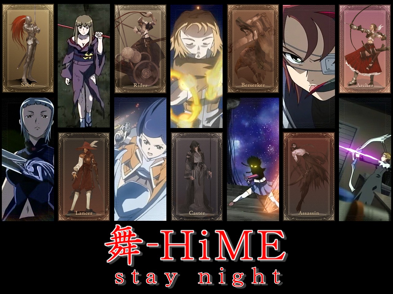fujino shizuru, kuga natsuki, minagi mikoto, miyu greer, sanada yukariko, tokiha mai, yuuki nao, fate/stay night, fate (series), my-hime, anime screenshot, 6+boys, 6+girls, collage, column lineup, crossover, lineup, multiple boys, multiple girls, parody