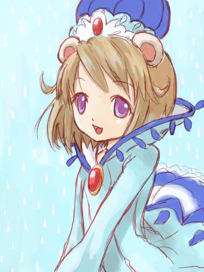 miruro, fushigiboshi no futago hime, 00s, 1girl, aqua background, blue crown, brown hair, crown, female focus, hat, open mouth, purple eyes, solo
