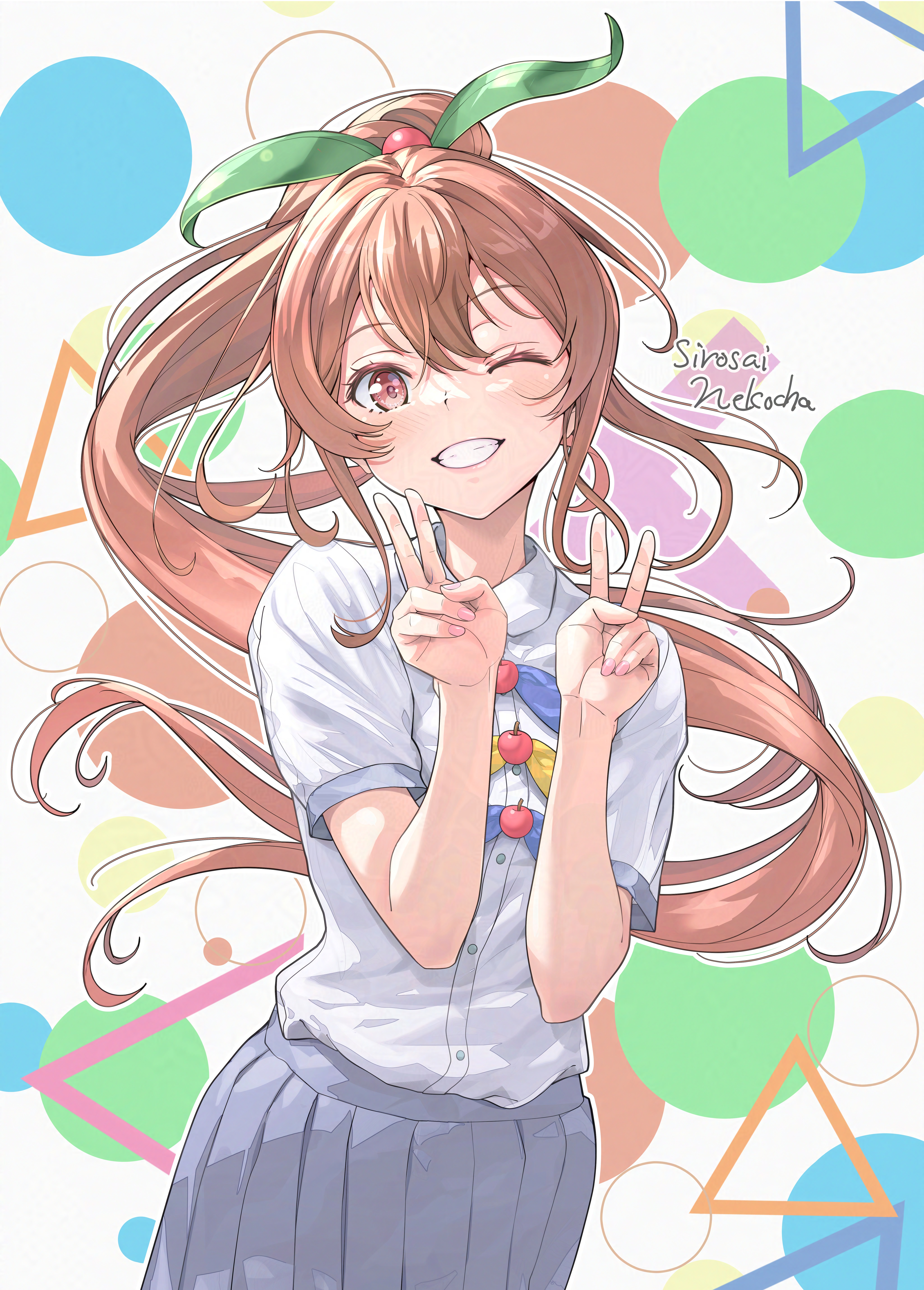 shirosai nekocha, original, absurdres, highres, 1girl, brown hair, double v, grey skirt, hair bobbles, hair ornament, long hair, looking at viewer, one eye closed, pink nails, ponytail, school uniform, serafuku, shirt, short sleeves, skirt, smile, solo, v, very long hair, white shirt