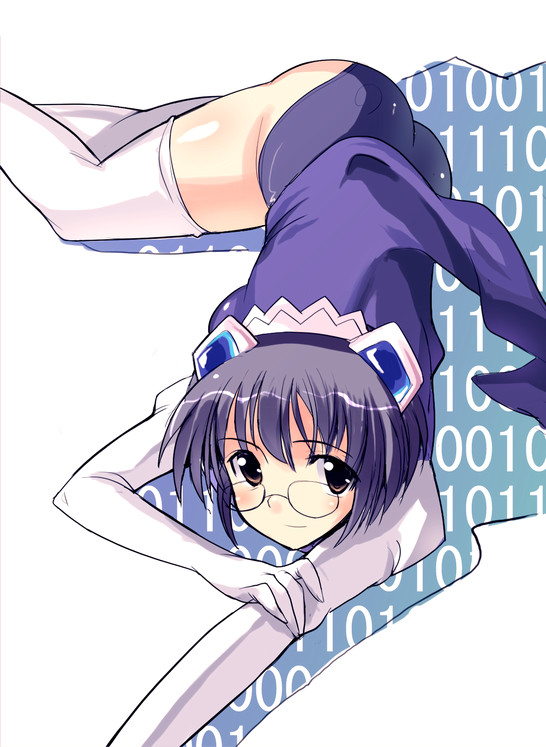 2k-tan, os-tan, 1girl, ass, binary, black hair, brown eyes, female focus, glasses, looking at viewer, lying, on stomach, short hair, solo, thighhighs, white thighhighs