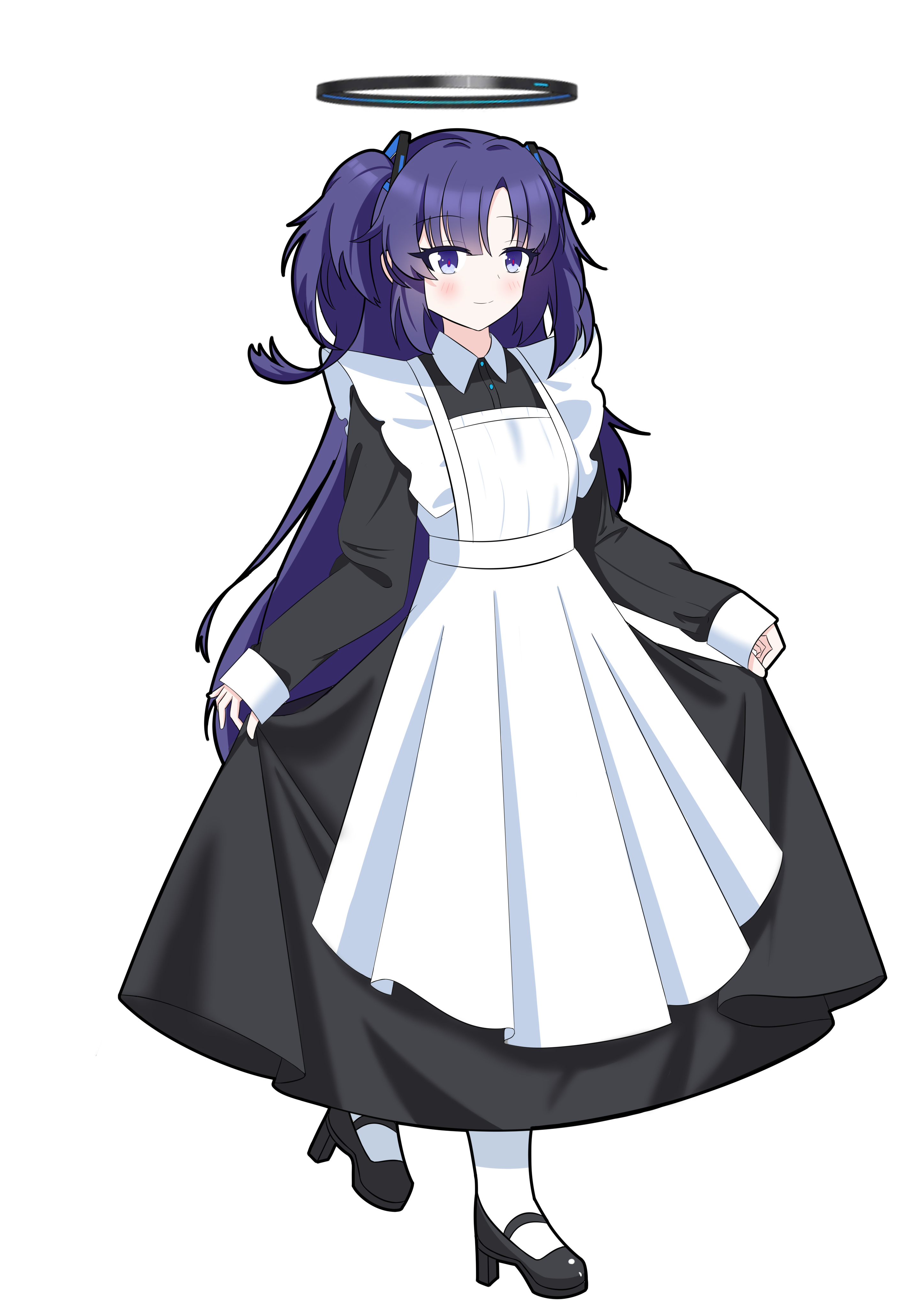 manstein, yuuka (blue archive), blue archive, absurdres, highres, 1girl, alternate costume, apron, black dress, black halo, black shoes, closed mouth, collared dress, dress, enmaided, full body, halo, long hair, long sleeves, looking at viewer, maid, maid apron, mary janes, mechanical halo, purple eyes, purple hair, shoes, skirt hold, sleeves past wrists, smile, solo, transparent background, two side up, white apron