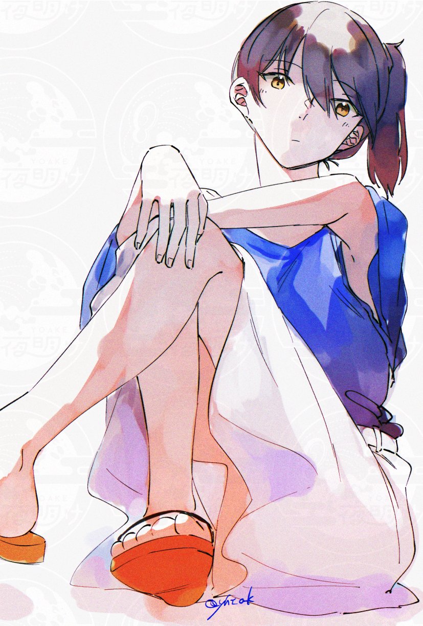 you (yht ak), kaga (kancolle), kantai collection, highres, 1girl, black hair, blue shirt, brown eyes, hands on own knees, kaga (kure) (kancolle), long hair, looking at viewer, sandals, shirt, side ponytail, simple background, skirt, solo, white background, white skirt