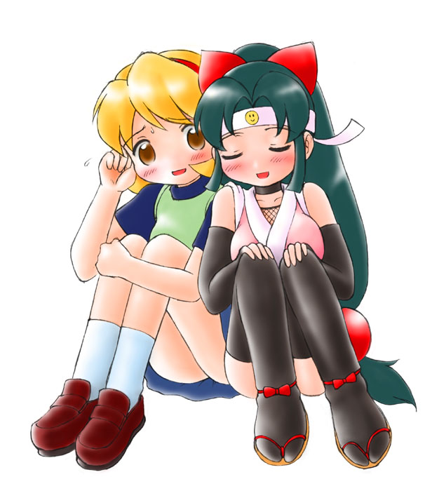 shinobu (ninin ga shinobuden), shiranui kaede, ninin ga shinobuden, white legwear, 00s, 2girls, black gloves, black thighhighs, blonde hair, blunt bangs, blush, closed eyes, fishnets, full body, gloves, hairband, headband, japanese clothes, kimono, loafers, long hair, low-tied long hair, multiple girls, ninja, shoes, short kimono, simple background, smiley face, socks, sweatdrop, thighhighs, white background