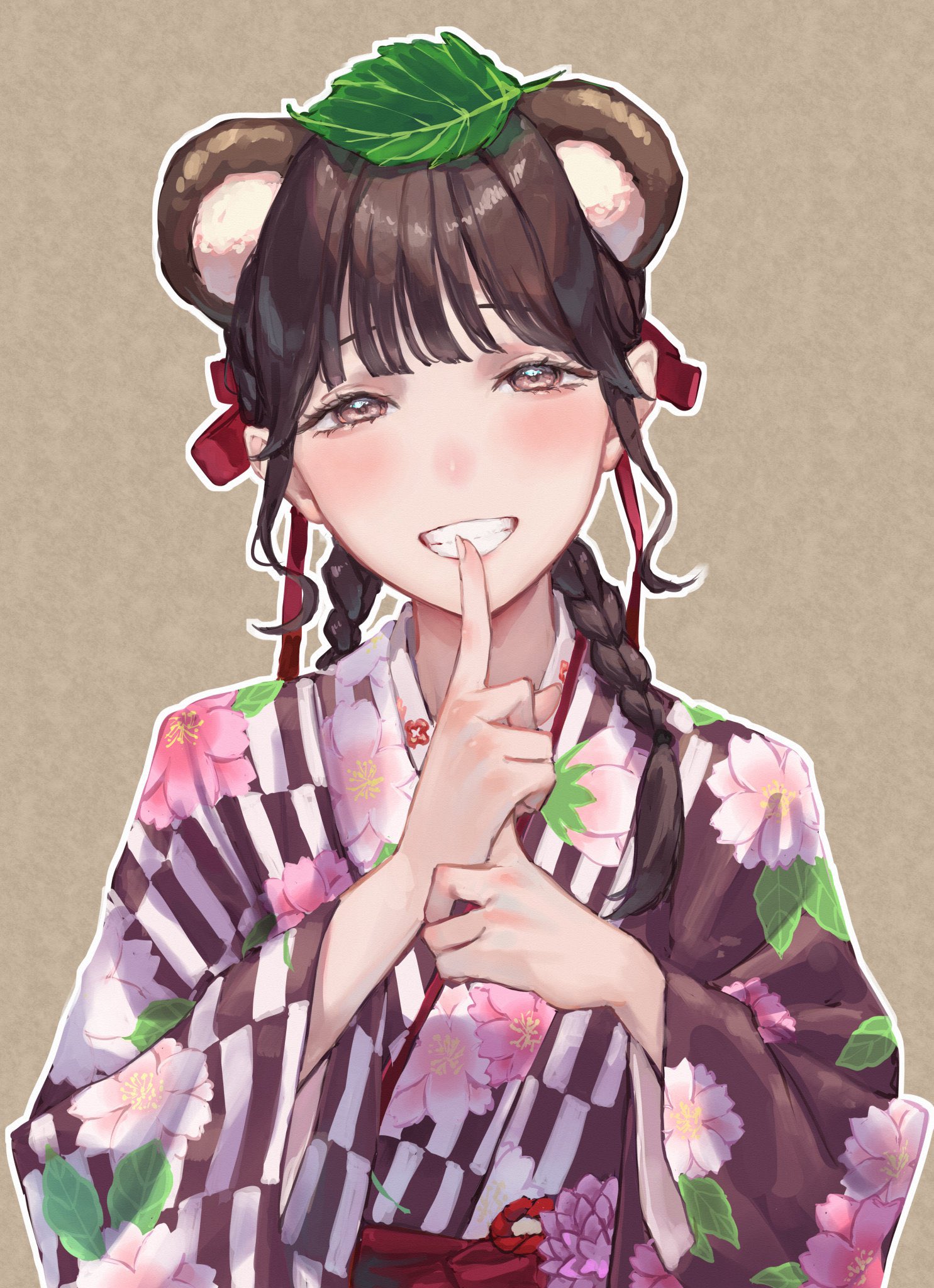 saidamoosu, real life, commentary request, highres, 1girl, :d, animal ears, animification, braid, brown background, brown eyes, brown hair, cherry blossom print, finger to mouth, floral print, floral print kimono, grin, hair ribbon, japanese clothes, kimono, leaf, leaf on head, long hair, looking at viewer, low twin braids, miyake miu, open mouth, outline, print kimono, raccoon ears, red ribbon, ribbon, shushing, smile, solo, twin braids, upper body, voice actor, white outline