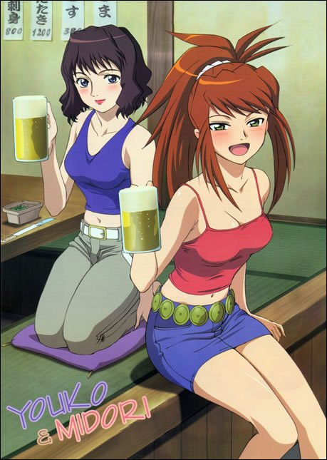 sagisawa youko, sugiura midori, my-hime, 00s, 2girls, alcohol, beer, belt, black hair, blush, breasts, cleavage, crop top, denim, denim skirt, drunk, green eyes, grey eyes, kneeling, lipstick, long hair, makeup, midriff, miniskirt, multiple girls, navel, pants, pencil skirt, ponytail, red hair, short hair, skirt, tank top