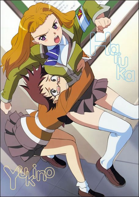 hisayuki hirokazu, inayoshi tomoshige, kikukawa yukino, suzushiro haruka, my-hime, light brown hair, white legwear, official art, >:o, 00s, 2girls, :o, angry, armband, bent over, blazer, blurry, blush, bobby socks, border, breast press, breasts, brown hair, bulletin board, buttons, character name, clenched hands, clenched teeth, depth of field, eyeshadow, from side, glasses, grabbing another's breast, grabbing from behind, green eyes, groping, hug, hug from behind, indoors, jacket, jumping, large breasts, loafers, long hair, makeup, multiple girls, necktie, paper, pleated skirt, purple eyes, scared, school uniform, semi-rimless eyewear, shirt, shoes, short hair, skirt, socks, spiked hair, teeth, thighhighs, tile floor, tiles, under-rim eyewear, v-shaped eyebrows, yuri, zettai ryouiki