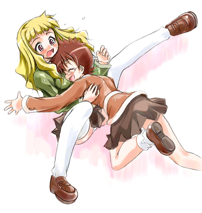 kikukawa yukino, suzushiro haruka, my-hime, 00s, 2girls, multiple girls, orange shirt, panties, pantyshot, pleated skirt, school uniform, serafuku, shirt, sitting, skirt, socks, thighhighs, underwear, white panties, white thighhighs, yuri