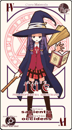akamatsu ken, ayase yue, mahou sensei negima!, official art, 00s, 1girl, bamboo broom, book, braid, broom, card, card (medium), character name, female focus, floating, floating book, floating object, hat, holding, holding broom, latin text, long hair, looking at viewer, mercury symbol, open book, open mouth, pactio, plaid clothes, plaid skirt, pleated skirt, purple eyes, purple hair, school uniform, skirt, solo, thighhighs, twin braids, witch, witch hat