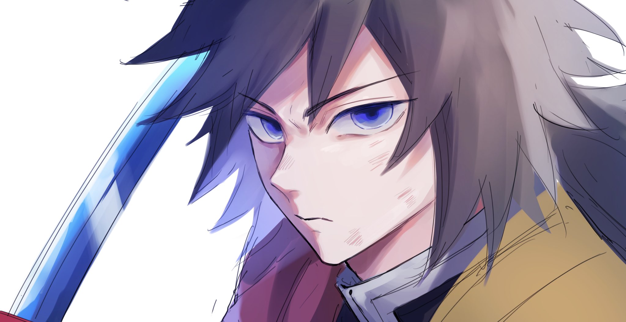 tomioka giyuu, kimetsu no yaiba, highres, 1boy, am kmt0106, black jacket, blue eyes, close-up, closed mouth, demon slayer uniform, empty eyes, haori, holding, holding sword, holding weapon, jacket, japanese clothes, katana, long hair, looking at viewer, low ponytail, ponytail, print haori, red haori, serious, simple background, solo, spiked hair, sword, upper body, weapon, white background