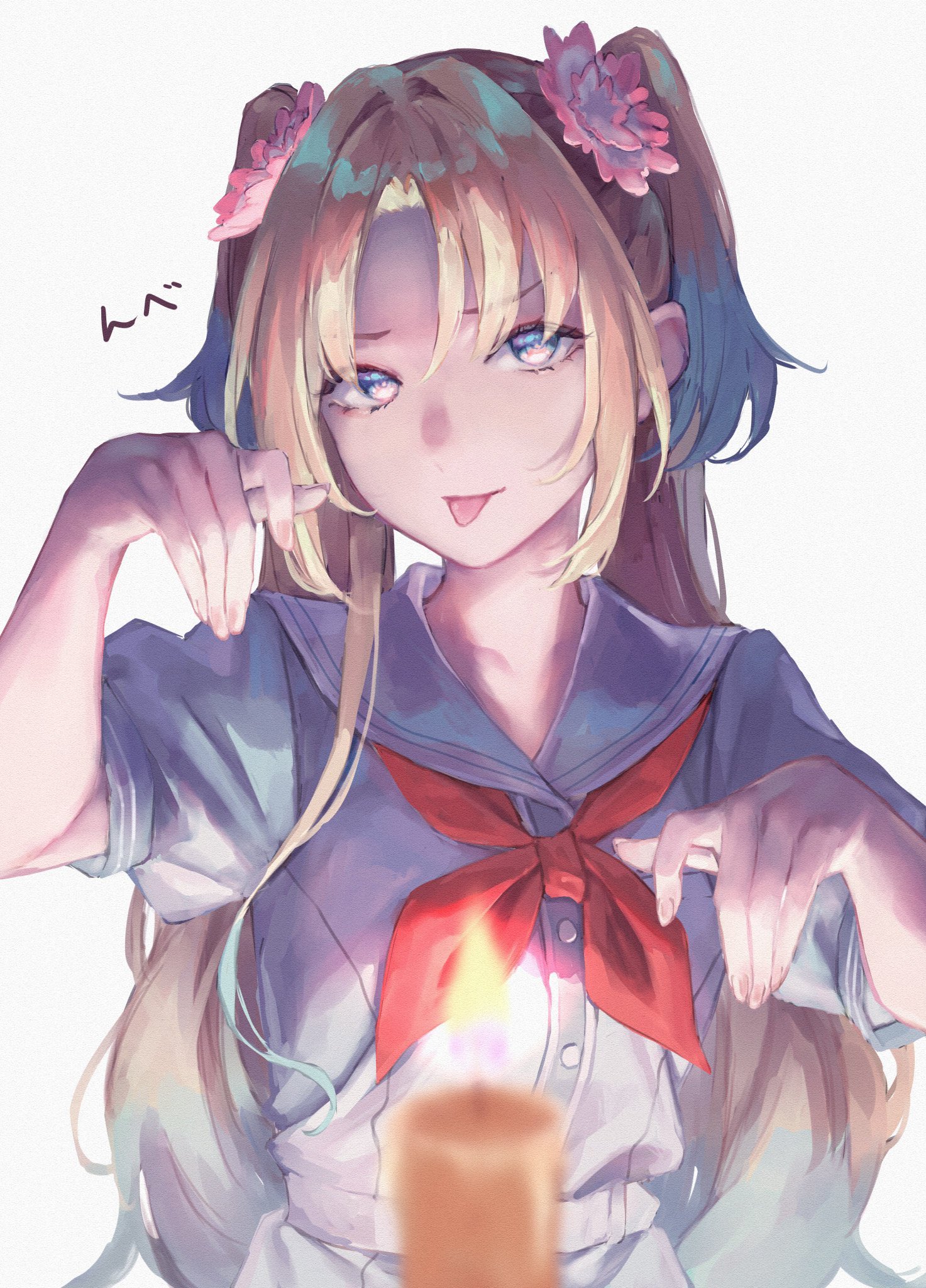 saidamoosu, osawa rurino, link! like! love live!, love live!, commentary request, highres, 1girl, :p, blonde hair, blue eyes, blue hair, candle, candlelight, dress, flower, ghost pose, grey hair, hair flower, hair ornament, hasu no sora school uniform, looking at viewer, neckerchief, parted bangs, pink flower, red neckerchief, sailor collar, sailor dress, school uniform, short sleeves, simple background, solo, summer uniform, tongue, tongue out, upper body, virtual youtuber, white background, white dress, white sailor collar