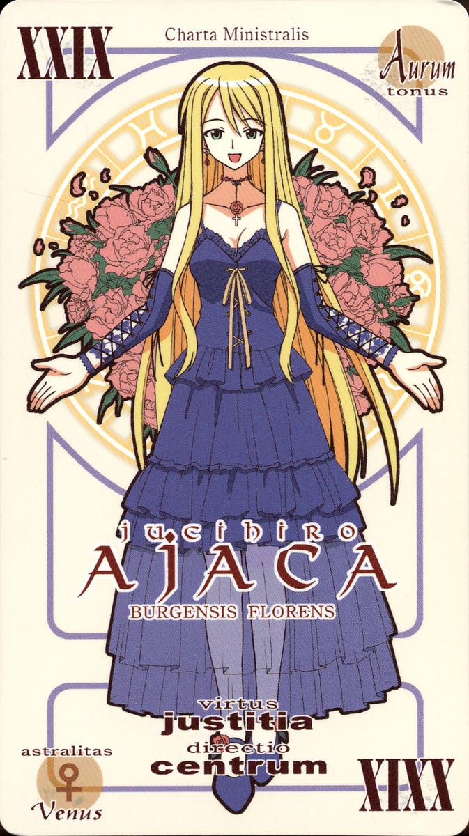 akamatsu ken, yukihiro ayaka, mahou sensei negima!, highres, official art, 00s, 1girl, blonde hair, breasts, card, card (medium), character name, cleavage, female focus, flower, footwear flower, green eyes, jewelry, latin text, looking at viewer, medium breasts, necklace, open mouth, pactio, pantyhose, solo, venus symbol, white pantyhose
