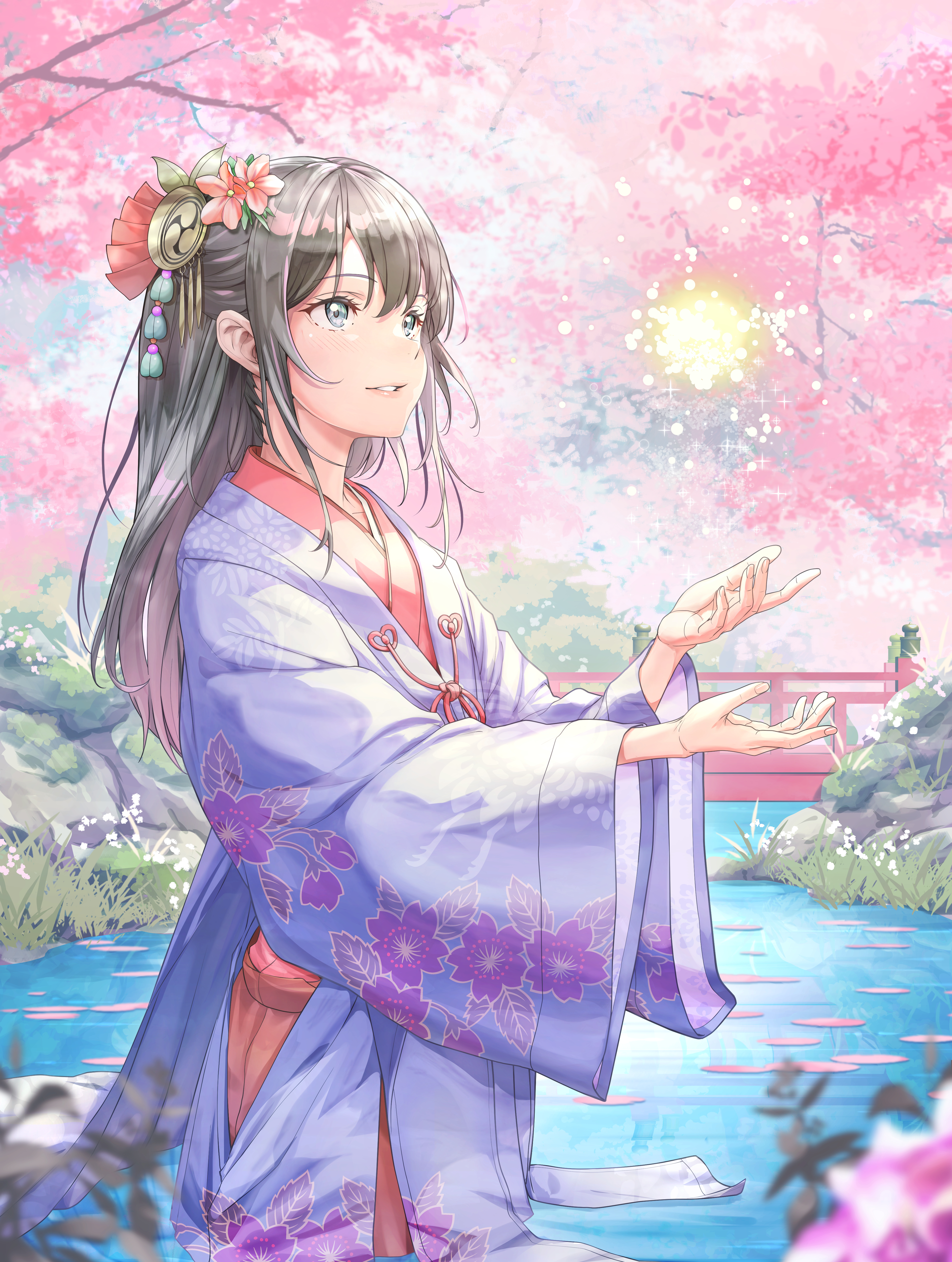 shirosai nekocha, original, absurdres, commentary request, highres, 1girl, blue eyes, breasts, bridge, brown hair, cherry blossoms, floral print, floral print kimono, flower, hair flower, hair ornament, japanese clothes, kimono, long hair, open mouth, parted lips, print kimono, smile, solo, teeth, very long hair, water