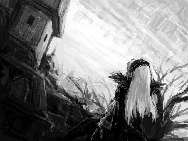 suigintou, rozen maiden, 00s, 1girl, female focus, from behind, greyscale, long hair, monochrome, solo, standing
