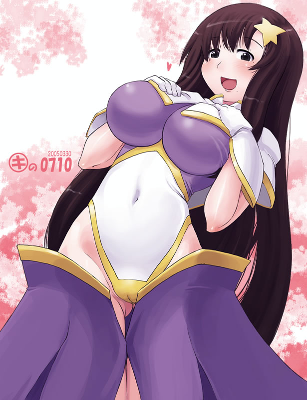 kei jiei, meer campbell, oono kanako, genshiken, gundam, gundam seed, gundam seed destiny, 1girl, black eyes, breast suppress, breasts, brown hair, cameltoe, cosplay, female focus, hair ornament, highleg, huge breasts, leotard, long hair, meer campbell (cosplay), mole, mole under eye, navel, solo, star (symbol), star hair ornament, underboob