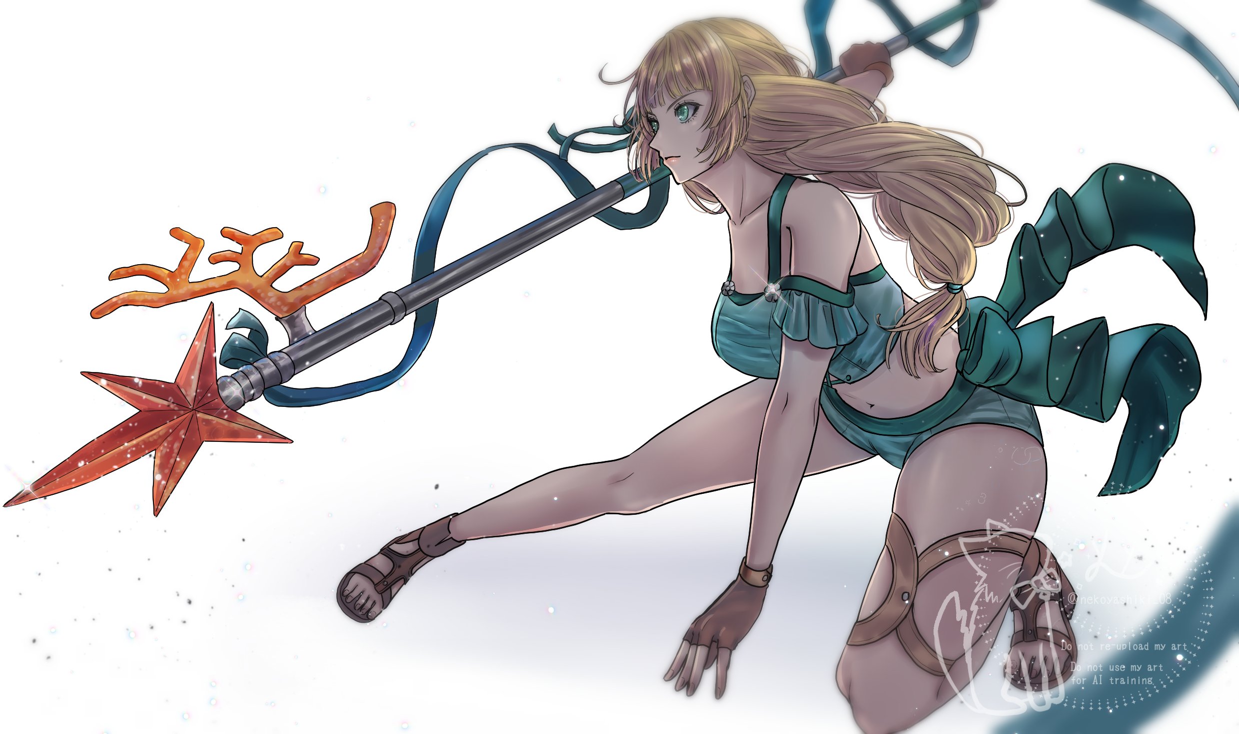nekoyashiki 08, ingrid brandl galatea, ingrid brandl galatea (summer), fire emblem, fire emblem: three houses, fire emblem heroes, nintendo, highres, 1girl, bare shoulders, bikini, bikini shorts, blonde hair, breasts, closed mouth, coral, crop top, fingerless gloves, gloves, green bikini, green eyes, green ribbon, green shorts, holding, long hair, medium breasts, midriff, navel, off-shoulder bikini, off shoulder, official alternate costume, polearm, ribbon, shorts, simple background, solo, starpoint lance (fire emblem), swimsuit, weapon, white background