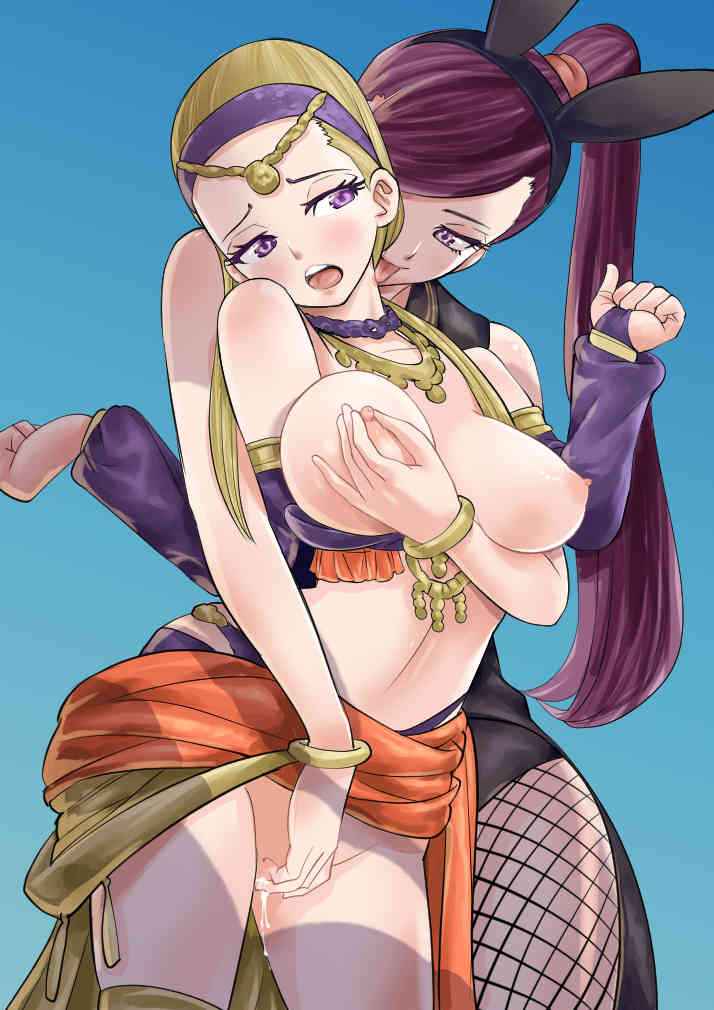 machida-san, martina (dq11), senya (dq11), dragon quest, dragon quest xi, commentary request, 2girls, animal ear hairband, animal ears, arabian clothes, asymmetrical bangs, black hairband, black leotard, black tailcoat, blonde hair, blue background, bottomless, bra, bracelet, breasts, bridal gauntlets, circlet, clenched hands, clitoral stimulation, cowboy shot, dancer's costume (dq), fake animal ears, fishnet pantyhose, fishnets, gold circlet, hair pulled back, hairband, high ponytail, jewelry, large breasts, leotard, licking, licking another's neck, long hair, looking at another, midriff, multiple girls, necklace, nipple stimulation, nipple tweak, nipples, official alternate costume, open mouth, orange sarong, pantyhose, partially undressed, ponytail, purple bra, purple bridal gauntlets, purple eyes, purple hair, purple hairband, pussy juice, rabbit ears, sarong, tailcoat playboy bunny, tongue, tongue out, underwear, yellow sarong, yuri