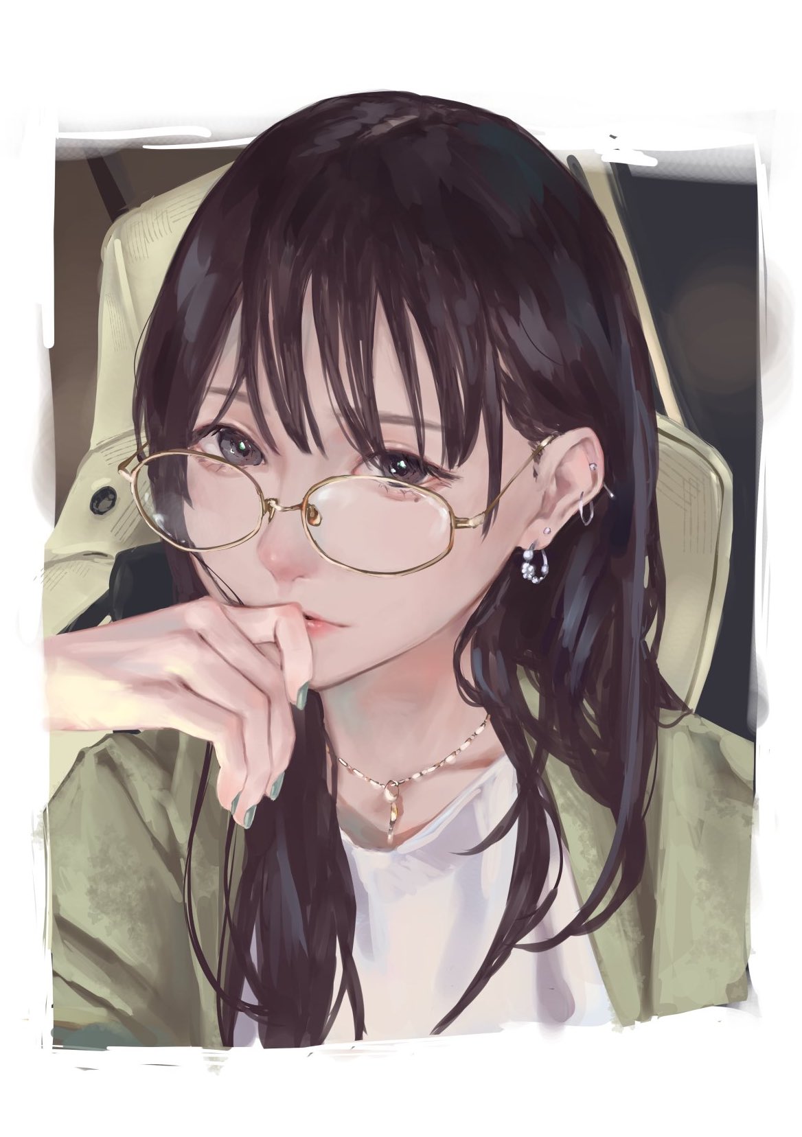 saidamoosu, real life, commentary request, highres, 1girl, animification, black eyes, black hair, border, collarbone, ear piercing, earrings, glasses, green jacket, jacket, jewelry, kurusu rin, long hair, looking at viewer, necklace, open clothes, open jacket, parted lips, piercing, shirt, solo, upper body, voice actor, white border, white shirt