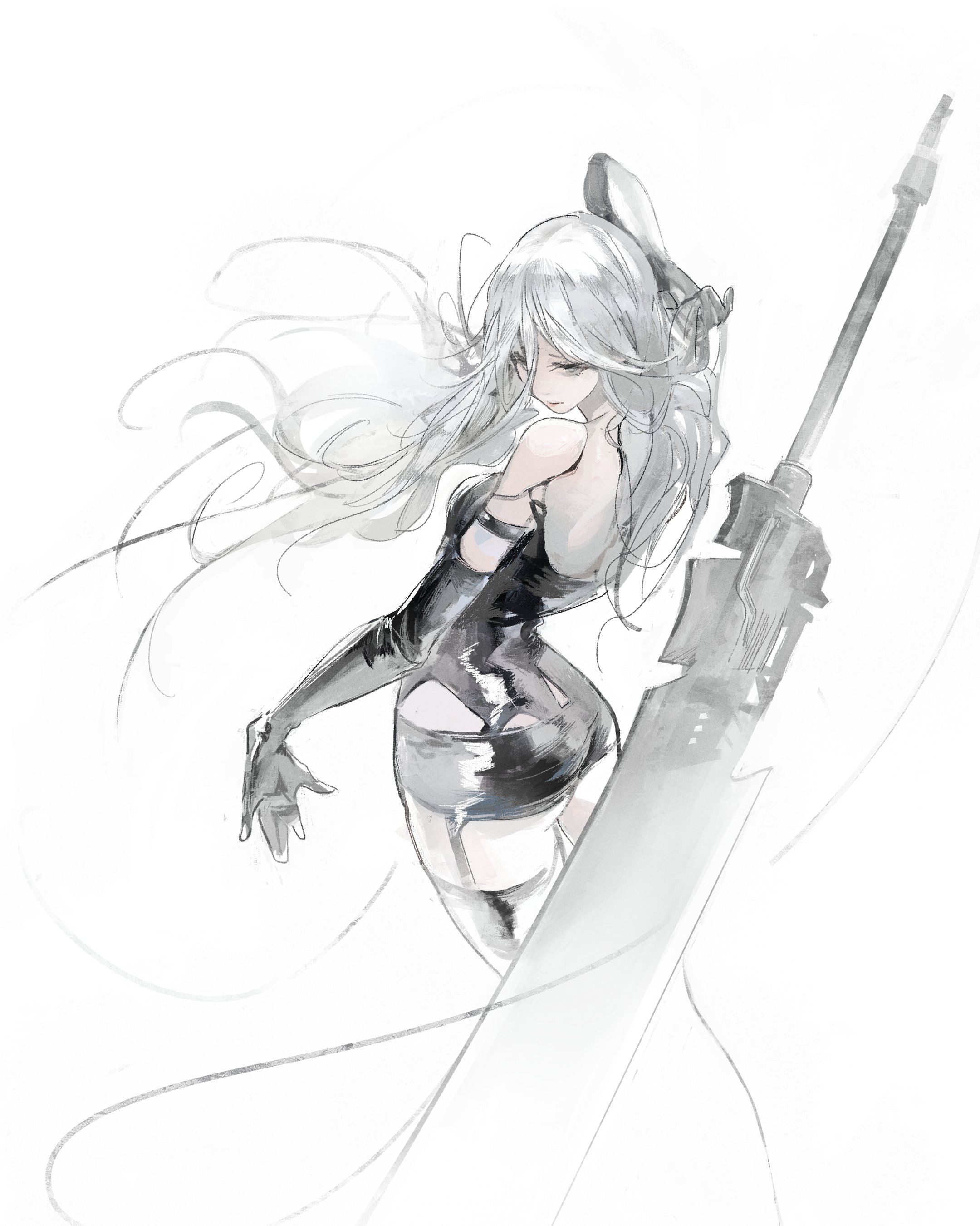 kanji (nievart), absurdres, character request, copyright request, highres, 1girl, ass, back, bare shoulders, black gloves, black thighhighs, breasts, elbow gloves, gloves, grey eyes, grey hair, hair between eyes, half-closed eyes, long hair, planted, planted sword, planted weapon, simple background, solo, sword, thighhighs, weapon, white background