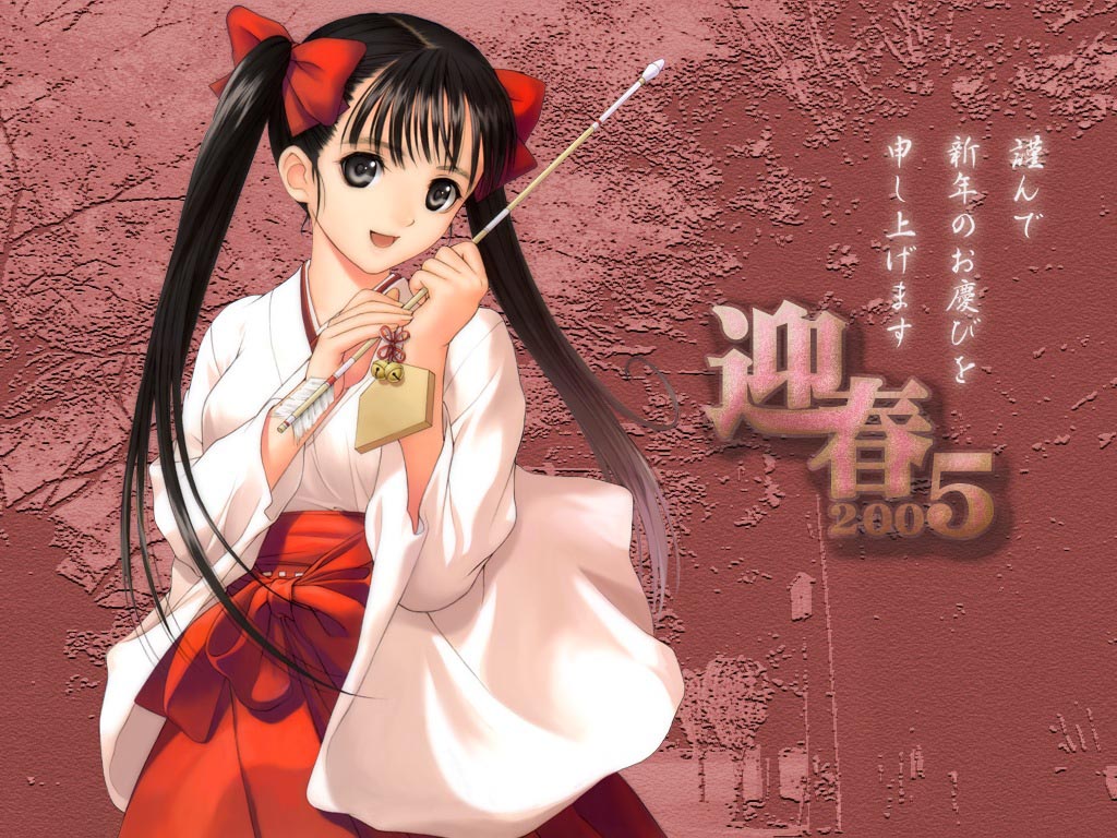 tony taka, original, 00s, 1girl, 2005, arrow (projectile), bell, black eyes, black hair, female focus, hakama, hakama skirt, hamaya, japanese clothes, jingle bell, kimono, long hair, miko, open mouth, red hakama, skirt, solo, twintails