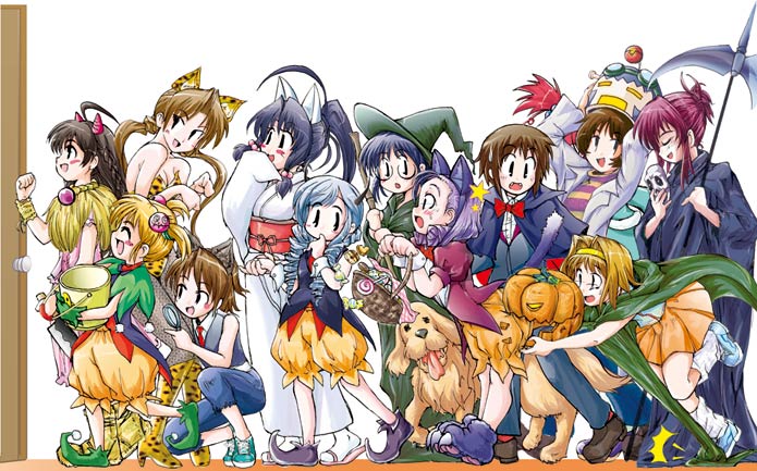 mwo, aria (sister princess), chikage (sister princess), haruka (sister princess), hinako (sister princess), kaho (sister princess), karen (sister princess), mamoru (sister princess), marie (sister princess), michael (sister princess), rinrin (sister princess), sakuya (sister princess), shirayuki (sister princess), yamagami mami, yotsuba (sister princess), sister princess, 00s, 6+girls, animal ears, animal print, cat ears, costume, dog, everyone, halloween, horns, jack-o'-lantern, leopard print, multiple girls, oni, pumpkin, scythe, vampire, witch