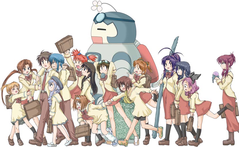 akio, mwo, aria (sister princess), chikage (sister princess), haruka (sister princess), hinako (sister princess), kaho (sister princess), karen (sister princess), mamoru (sister princess), marie (sister princess), minakami wataru, rinrin (sister princess), sakuya (sister princess), shirayuki (sister princess), yamagami akio, yamagami mami, yotsuba (sister princess), sister princess, black legwear, artist collaboration, 00s, 2boys, 6+girls, ^ ^, ahoge, angry, arms behind head, arms up, bag, beret, bike shorts, blazer, blonde hair, blue hair, blush, bow, braid, brown hair, carrying, closed eyes, drill hair, everyone, fang, flower, flower on head, full body, goggles, goggles on head, hair bobbles, hair ornament, hairband, hat, height difference, holding hands, humanoid robot, jacket, leg warmers, lineup, loafers, long hair, long skirt, looking at another, looking up, mouth hold, multiple boys, multiple girls, open mouth, pink hair, purple hair, red hair, red skirt, robot, running, sailor collar, school bag, school uniform, serafuku, shoes, short hair, sidelocks, skirt, smile, sneakers, sword, twin braids, twintails, very long hair, walking, weapon