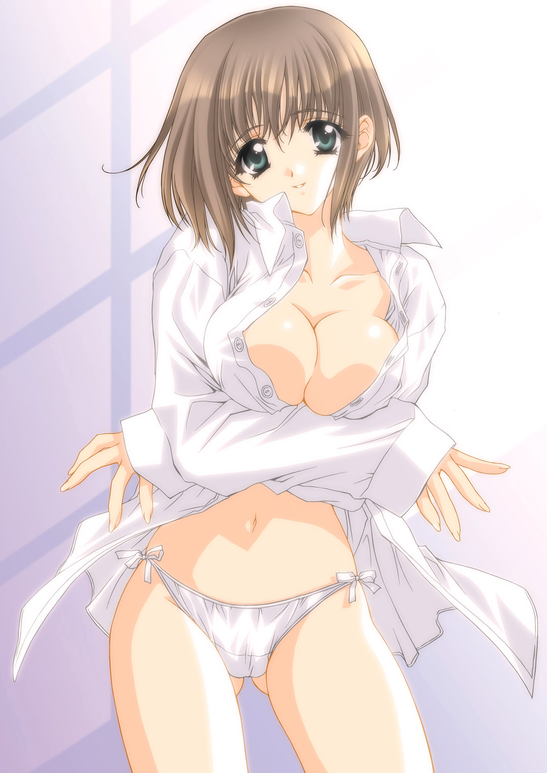 carnelian, original, highres, 1girl, arms under breasts, breasts, brown hair, cleavage, dress shirt, female focus, green eyes, head tilt, large breasts, long sleeves, looking at viewer, navel, no bra, no pants, open clothes, open shirt, panties, parted lips, shirt, short hair, side-tie panties, solo, underwear, white panties