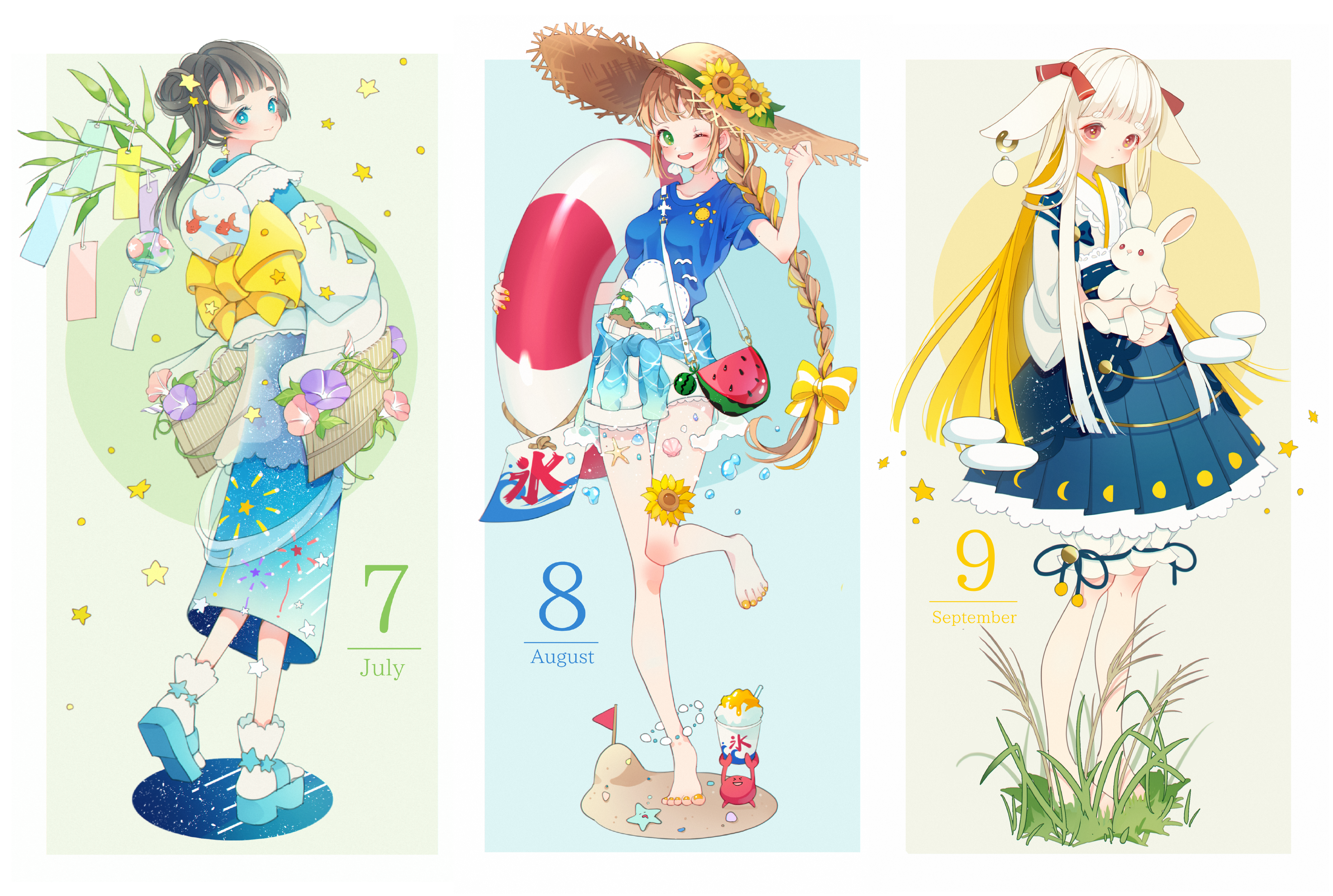 shiraho (color-56), original, absurdres, commentary request, highres, 3girls, ;d, animal, animal ears, august, barefoot, black hair, blonde hair, bloomers, blue bow, blue eyes, blue kimono, blue sandals, blue shirt, blue shorts, blue skirt, blunt bangs, blush, bow, braid, breasts, brown hair, brown hat, closed mouth, clothes around waist, collarbone, crab, floppy ears, flower, food, full body, grass, green eyes, hair bow, hair bun, hair ribbon, hat, hat flower, holding, holding animal, holding swim ring, innertube, japanese clothes, july, kimono, lifebuoy, long hair, long sleeves, looking at viewer, medium breasts, multiple girls, nail polish, obi, one eye closed, open mouth, personification, pleated skirt, rabbit, rabbit ears, red eyes, red ribbon, ribbon, sand, sandals, sash, september, shaved ice, shirt, short sleeves, shorts, skirt, smile, socks, standing, standing on one leg, star (symbol), striped bow, sun hat, sunflower, swim ring, tanabata, thick eyebrows, toenail polish, toenails, underwear, white bloomers, white kimono, white socks, wide sleeves, yellow bow, yellow flower, yellow nails, yellow sash