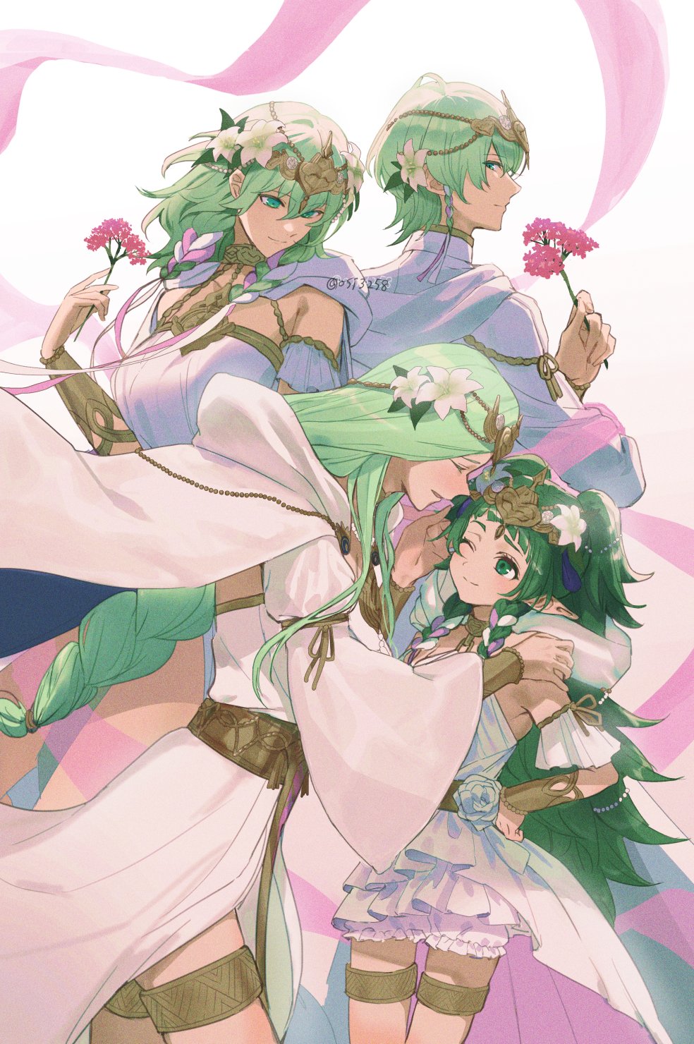 ushiomi, female byleth (enlightened) (fire emblem), female byleth (fire emblem), male byleth (enlightened) (fire emblem), male byleth (fire emblem), rhea (aura of love) (fire emblem), rhea (fire emblem), sothis (aura of love) (fire emblem), sothis (fire emblem), fire emblem, fire emblem: three houses, fire emblem heroes, nintendo, highres, 1boy, 3girls, alternate hair color, blush, braid, breasts, cape, closed mouth, dress, flower, gold thighlet, green eyes, green hair, hair between eyes, hair flower, hair ornament, hair ribbon, headpiece, jewelry, large breasts, long hair, long sleeves, medium hair, mother and daughter, multiple girls, official alternate costume, one eye closed, open mouth, pointy ears, ribbon, ribbon braid, shawl, shirt, short hair, simple background, smile, thighlet, very long hair, white background, white cape, white dress, white shawl, white shirt