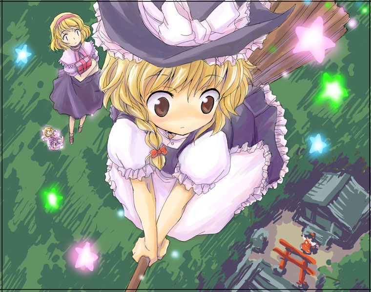 atsumuchi, hisakawa chin, alice margatroid, hakurei reimu, kirisame marisa, shanghai doll, touhou, 3girls, apron, black dress, blonde hair, blue dress, blush, book, bow, braid, broom, broom riding, brown eyes, capelet, crossed arms, doll, dress, female focus, flying, forest, frills, from above, glowing, grimoire, grimoire of alice, hair bow, hair ribbon, hairband, hakurei shrine, hat, multiple girls, nature, nose blush, outdoors, ribbon, single braid, star (symbol), torii, tress ribbon, waist apron, witch hat, yellow eyes