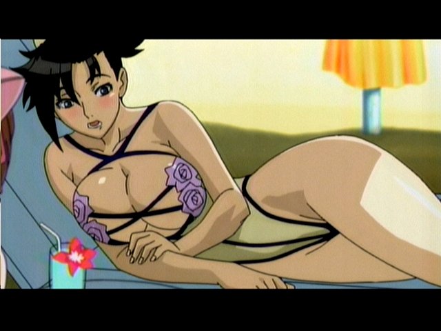 sei, bakuretsu tenshi, bad tag, highleg swimsuit, screencap, jpeg artifacts, beach, black hair, blush, breasts, casual one-piece swimsuit, chair, cleavage, highleg, huge breasts, lounge chair, lying, on side, one-piece swimsuit, short hair, solo, swimsuit, umbrella, wide hips