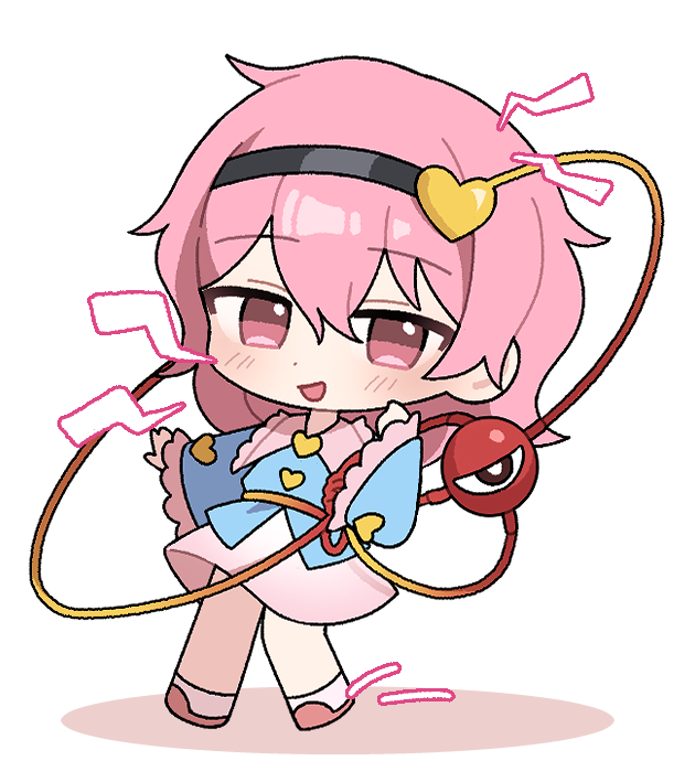 soooooook2, komeiji satori, touhou, 1girl, blue shirt, blush, chibi, full body, hair between eyes, hairband, long sleeves, looking at viewer, medium hair, open mouth, pink eyes, pink hair, pink skirt, pink sleeves, shirt, skirt, smile, socks, solo, third eye, white background, white socks