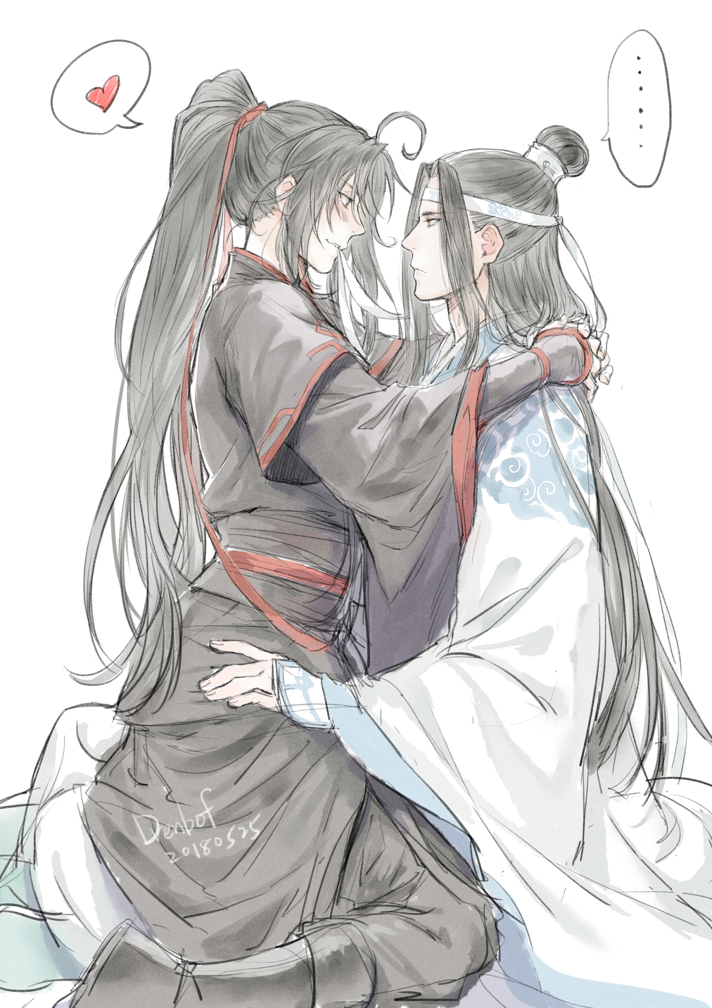 drenbof, lan wangji, wei wuxian, modao zushi, chinese commentary, highres, …, 2boys, ahoge, artist name, black boots, black hair, black hanfu, black sash, blush, boots, chinese clothes, closed mouth, couple, dated, eye contact, from side, grey eyes, hair ribbon, hand on another's hip, hanfu, headband, heart, hug, long hair, looking at another, male focus, multiple boys, parted lips, ponytail, profile, red ribbon, red sash, ribbon, robe, sash, sidelocks, simple background, sitting, sitting on lap, sitting on person, sleeves past wrists, smile, spoken ellipsis, spoken heart, topknot, very long hair, white background, white hanfu, white headband, wide sleeves, xiao guan (headdress), yaoi, yellow eyes
