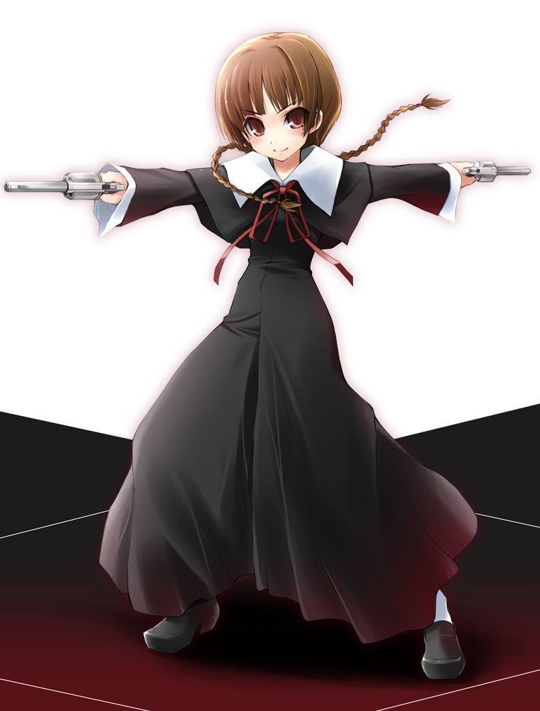 haga yui, shimazu yoshino, maria-sama ga miteru, 00s, 1girl, braid, brown hair, dual wielding, female focus, gun, handgun, hands on own hips, holding, long hair, revolver, solo, twin braids, weapon