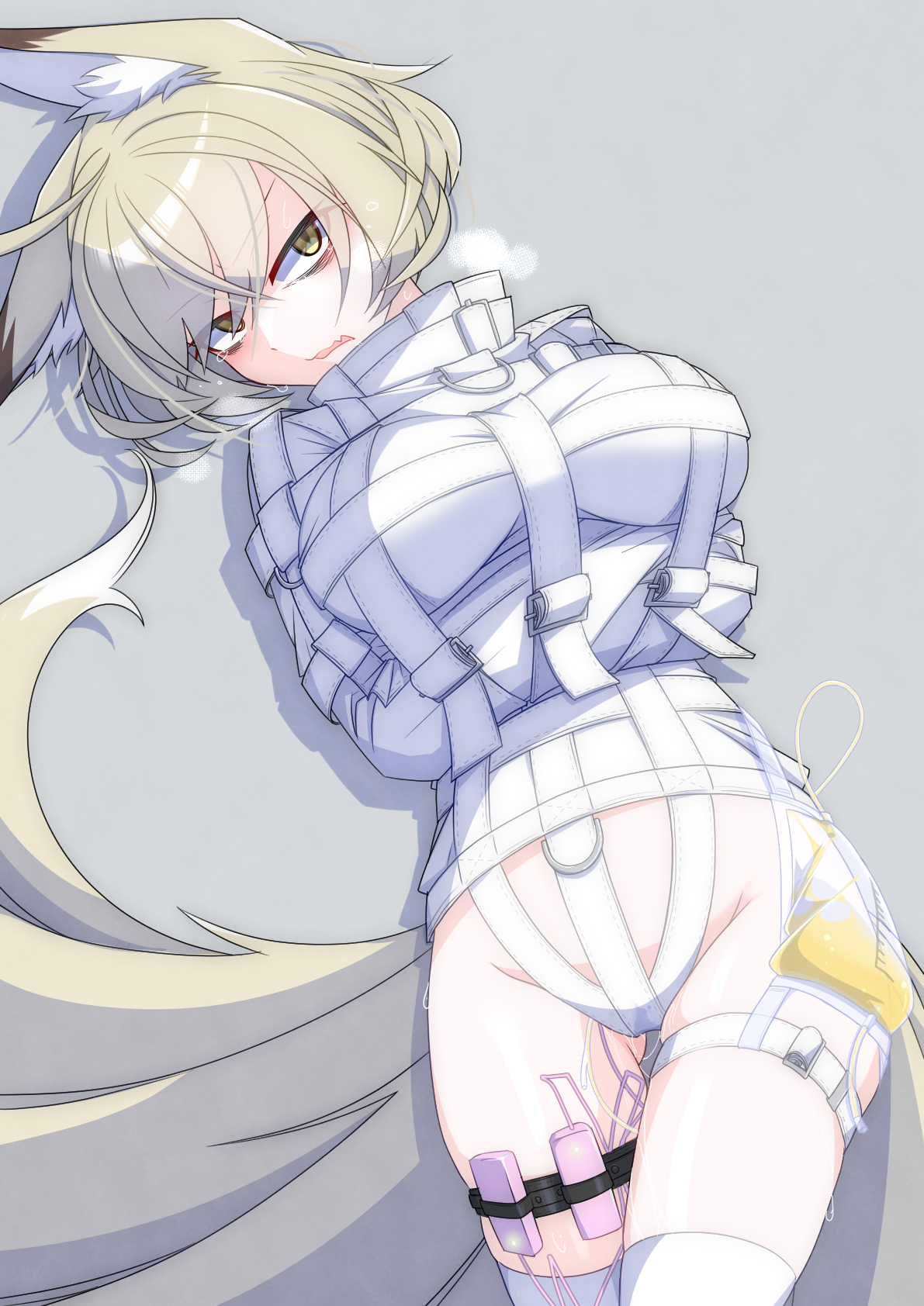menou 74, yakumo ran, touhou, highres, 1girl, animal ear fluff, animal ears, arms across body, arms under breasts, bags under eyes, bdsm, blonde hair, bound, bound arms, breasts, catheter, fox ears, fox tail, grey background, heavy breathing, jacket, kitsune, large breasts, looking at viewer, multiple tails, pussy juice, sex toy, short hair, solo, straitjacket, tail, thighhighs, urinary drainage bag, vibrator, vibrator in thigh strap, white jacket, yellow eyes