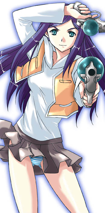 mikage nao, kuga natsuki, my-hime, 00s, 1girl, aiming, aiming at viewer, blue eyes, blue panties, clothes lift, female focus, gun, handgun, holding, holding gun, holding weapon, miniskirt, monkey4, panties, pistol, pleated skirt, purple hair, school uniform, serafuku, simple background, skirt, skirt lift, solo, striped clothes, striped panties, underwear, weapon, white background