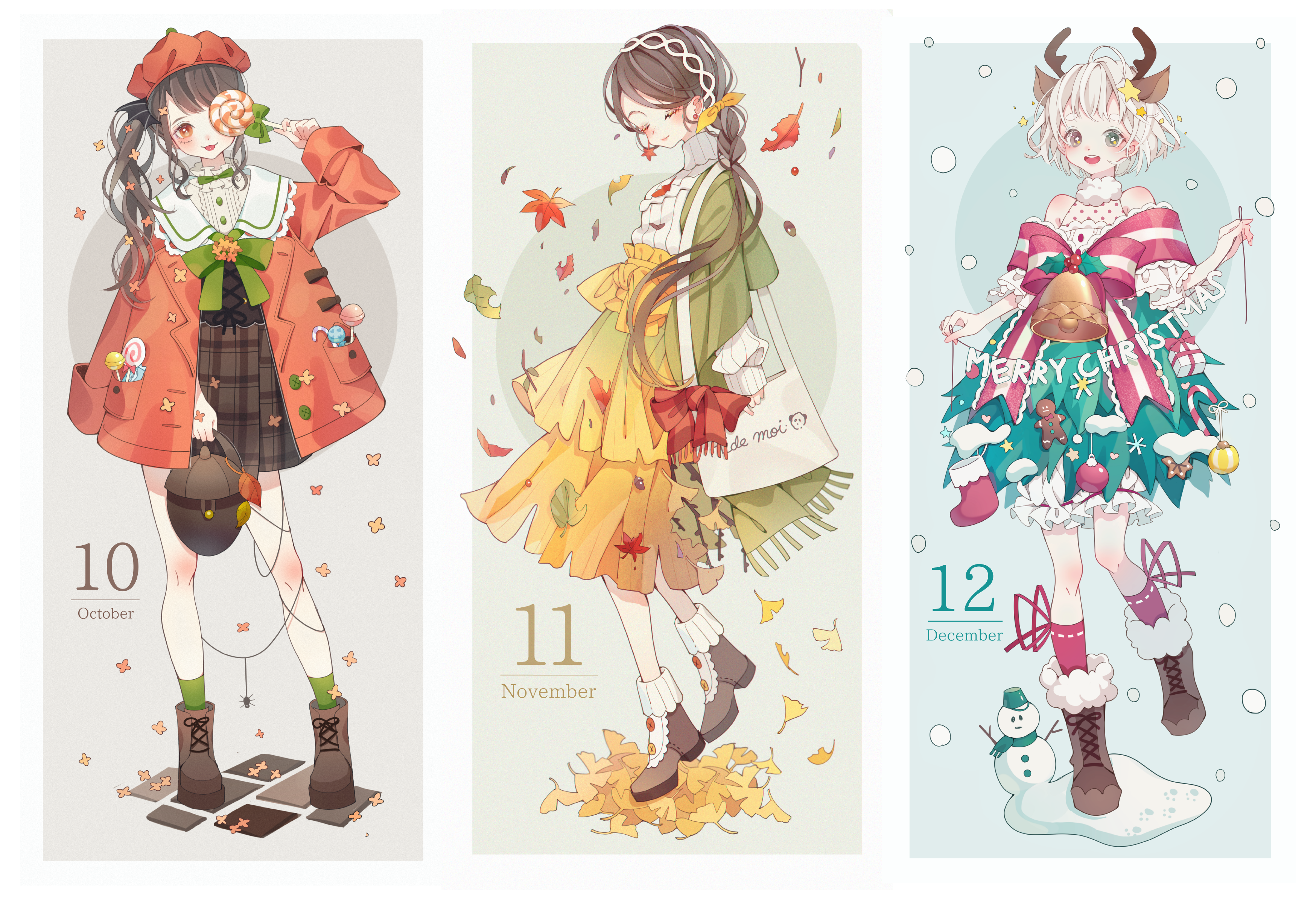 shiraho (color-56), original, absurdres, commentary request, highres, 3girls, :d, animal ears, antlers, bare shoulders, bloomers, boots, bow, bowtie, brown boots, brown eyes, brown hair, brown skirt, candy, closed eyes, closed mouth, december, deer ears, dress, food, full body, fur-trimmed boots, fur trim, green bow, green bowtie, green dress, green eyes, green jacket, green socks, hair ornament, hat, heterochromia, holding, holding candy, holding food, holding lollipop, horns, jacket, lace-up boots, lollipop, long hair, long sleeves, looking at viewer, multiple girls, november, october, open clothes, open jacket, open mouth, orange eyes, personification, plaid clothes, plaid skirt, red hat, red jacket, red socks, ribbed sweater, skirt, smile, snowing, snowman, socks, star (symbol), star hair ornament, sweater, swirl lollipop, turtleneck, turtleneck sweater, underwear, white bloomers, white sweater, yellow skirt