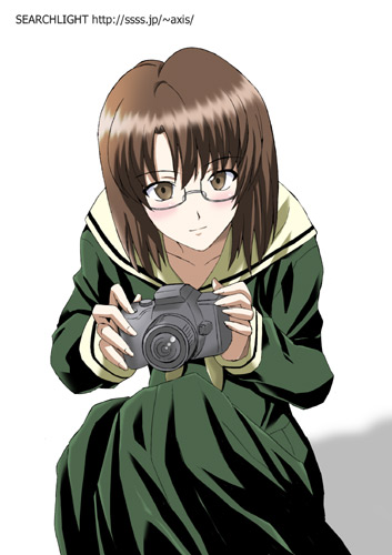 midori (searchlight), takeshima tsutako, maria-sama ga miteru, lowres, 00s, 1girl, brown eyes, brown hair, camera, female focus, glasses, holding, solo