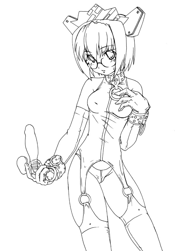 45acp, 2k-tan, os-tan, 1girl, cowboy shot, dildo, female focus, glasses, gloves, greyscale, monochrome, panties, sex toy, short hair, solo, standing, thighhighs, underwear