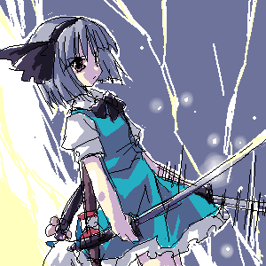 petenshi (dr. vermilion), konpaku youmu, touhou, lowres, 1girl, bob cut, female focus, katana, oekaki, solo, sword, weapon