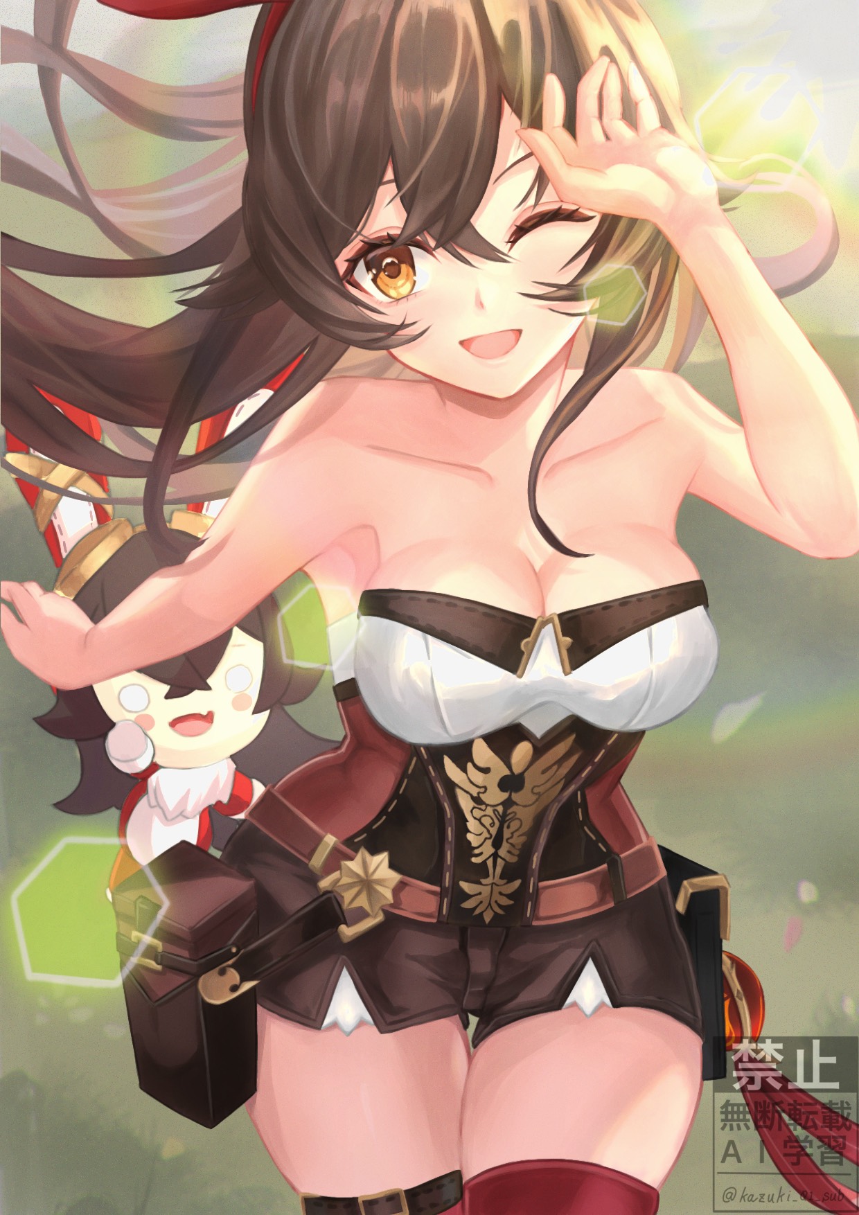 kazuki (kazuki 01), amber (genshin impact), baron bunny (genshin impact), genshin impact, highres, 1girl, bare arms, bare shoulders, breasts, brown corset, brown eyes, brown hair, brown shorts, cleavage, collarbone, corset, hair ribbon, hand up, long hair, medium breasts, one eye closed, open mouth, red ribbon, ribbon, shorts, sidelighting, solo, sunlight, watermark