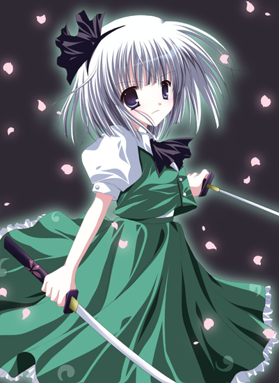 shirogane hina, konpaku youmu, touhou, 1girl, blue eyes, collared shirt, dual wielding, female focus, grey background, holding, katana, looking at viewer, petals, shirt, solo, sword, weapon, white hair