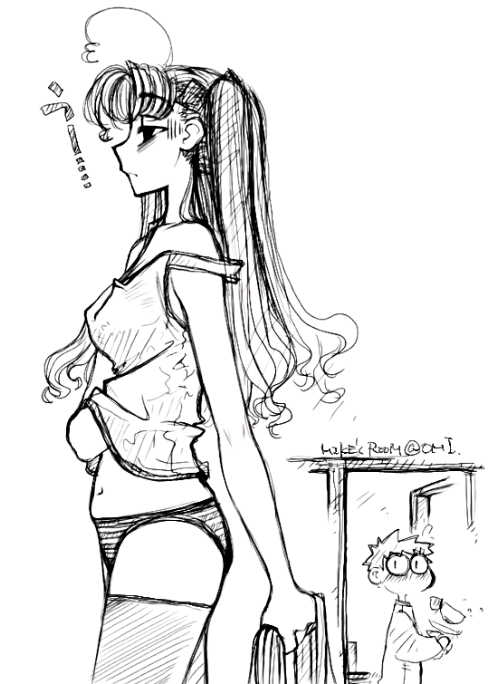 mike156, emiya shirou, tohsaka rin, fate/stay night, fate (series), 00s, 1boy, 1girl, ahoge, cup, greyscale, monochrome, off shoulder, panties, sleepy, striped clothes, striped panties, tank top, thighhighs, transparent background, underwear, underwear only